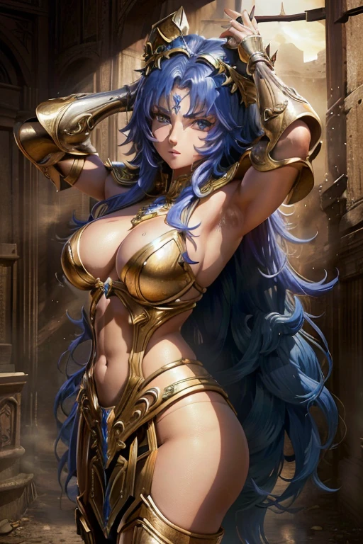 (8k, melhor qualidade, obra prima:1.2) uma garota muito sexy em Saint Seiya, armadura tipo bikini, olhos detalhado, nariz detalhado, boca detalhado, linda garota seios grandes, cintura fina, coxas charmosas corpo inteiro e cauda grande Olhos e rosto azuis extremamente detalhados,Belos olhos detalhados ultra 4k, campo de batalha,