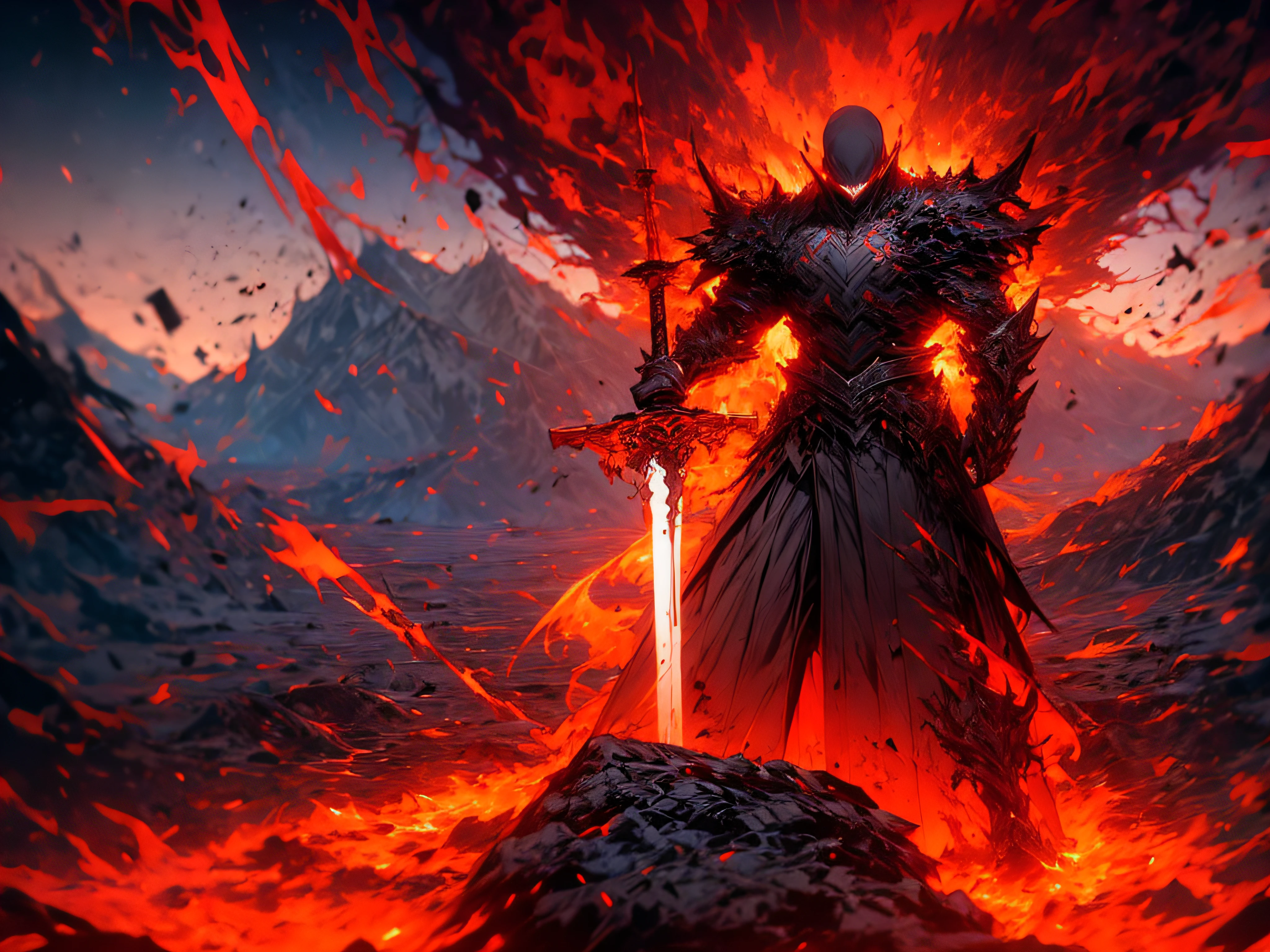 a Raging Dragon Slaying Man, dragon armor, Fearful Eyes, Death Stare, Handsome, Swords in his hands, Collapsed civilization with dead dragons on the background, mixture a elements raging from his sword and from behind, facing toward camera, red and black eyes,