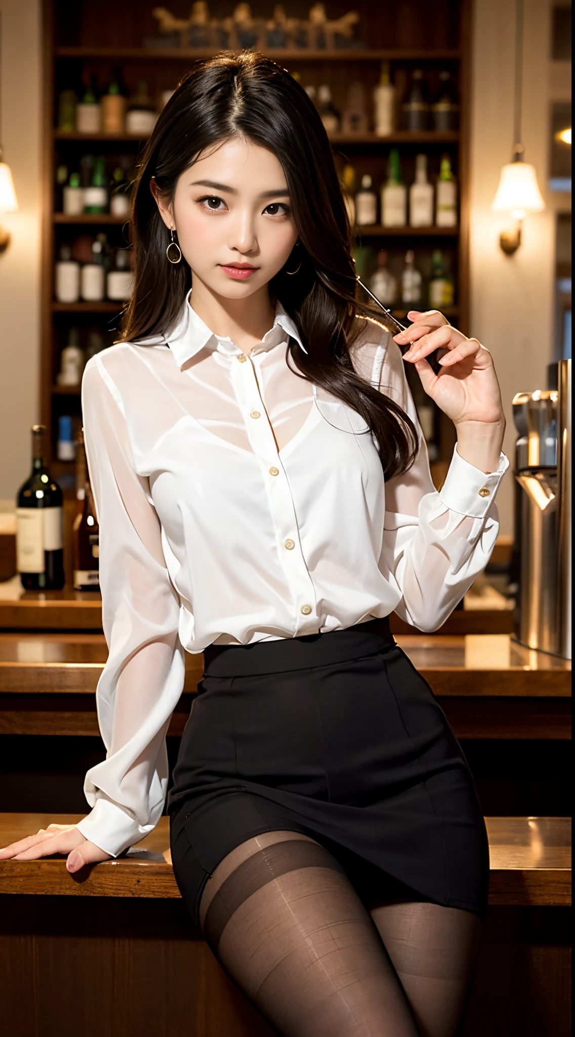 ulzzang -6500-v1.1, (Raw photo:1.2), (Photorealsitic), (See-through:1.3), (Real:1.4), upper class bewitching woman、1femele、luxury silk blouse:1.2, (Ultra-realistic pantyhose:1.2), No skirt、small luxury lace panties、Pantyhose Focus、Sit at the bar counter、Cross your legs、Inviting look、