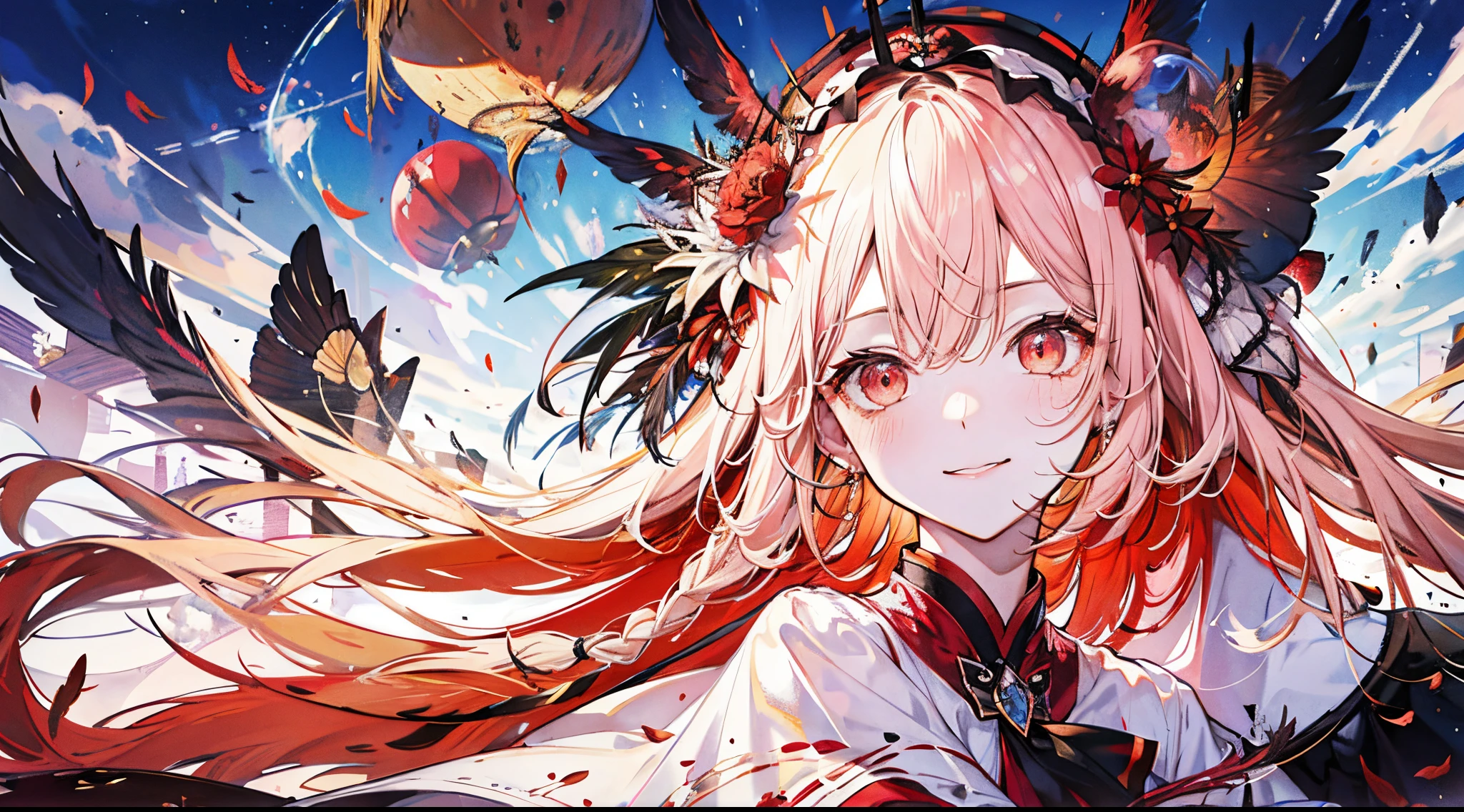 ((tmasterpiece:1.4,Best quality at best))+,(hyper-detailing)+,(Ultra-detailed eyes)+,(winged ears:1.5),
(cute girls),ar old,(Crimson pupils:1.15),Long dark blond hair,long braid,Bushy hair(wariza:1.2),pale-skinned,Stupid smile,red rhombus crystal,red bird feathers,Empty eyes
(She wore a conservative red and yellow bird feather coat,Black pattern,:1.5),(Starry Sky Cloak:1.4)The sleeves are long,Red bird feather headdress,Wings of Fire,baiyun,A sea of red leaves and trees,Dream bubbles,crow crow,rednails,sun crown,red apple,Red Lotus,leather pant
(bird feathers:1.1),
(dawn light:1.2),
(Thick black and white:1.16),(depth of fields:1.4),,Complicated details,