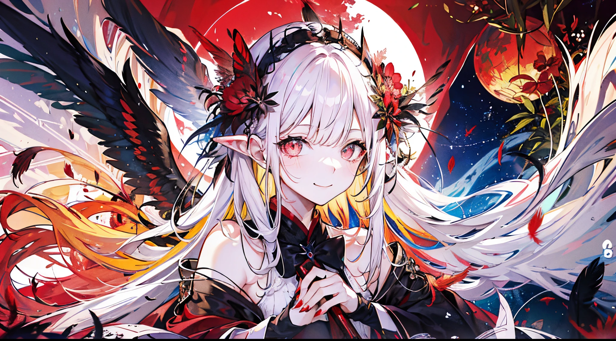 ((tmasterpiece:1.4,Best quality at best))+,(hyper-detailing)+,(Ultra-detailed eyes)+,(winged ears:1.5),
(cute girls),15year old,(Crimson pupils:1.15),Long dark blond hair,long braid,Bushy hair(wariza:1.2),pale-skinned,Stupid smile,red rhombus crystal,red bird feathers,Empty eyes
(She wore a conservative red and yellow bird feather coat,Black pattern,:1.5),(Starry Sky Cloak:1.4)The sleeves are long,Red bird feather headdress,Wings of Fire,baiyun,A sea of red leaves and trees,Dream bubbles,crow crow,rednails,sun crown,red apple,Red Lotus,leather pant
(bird feathers:1.1),
(dawn light:1.2),
(Thick black and white:1.16),(depth of fields:1.4),,Complicated details,