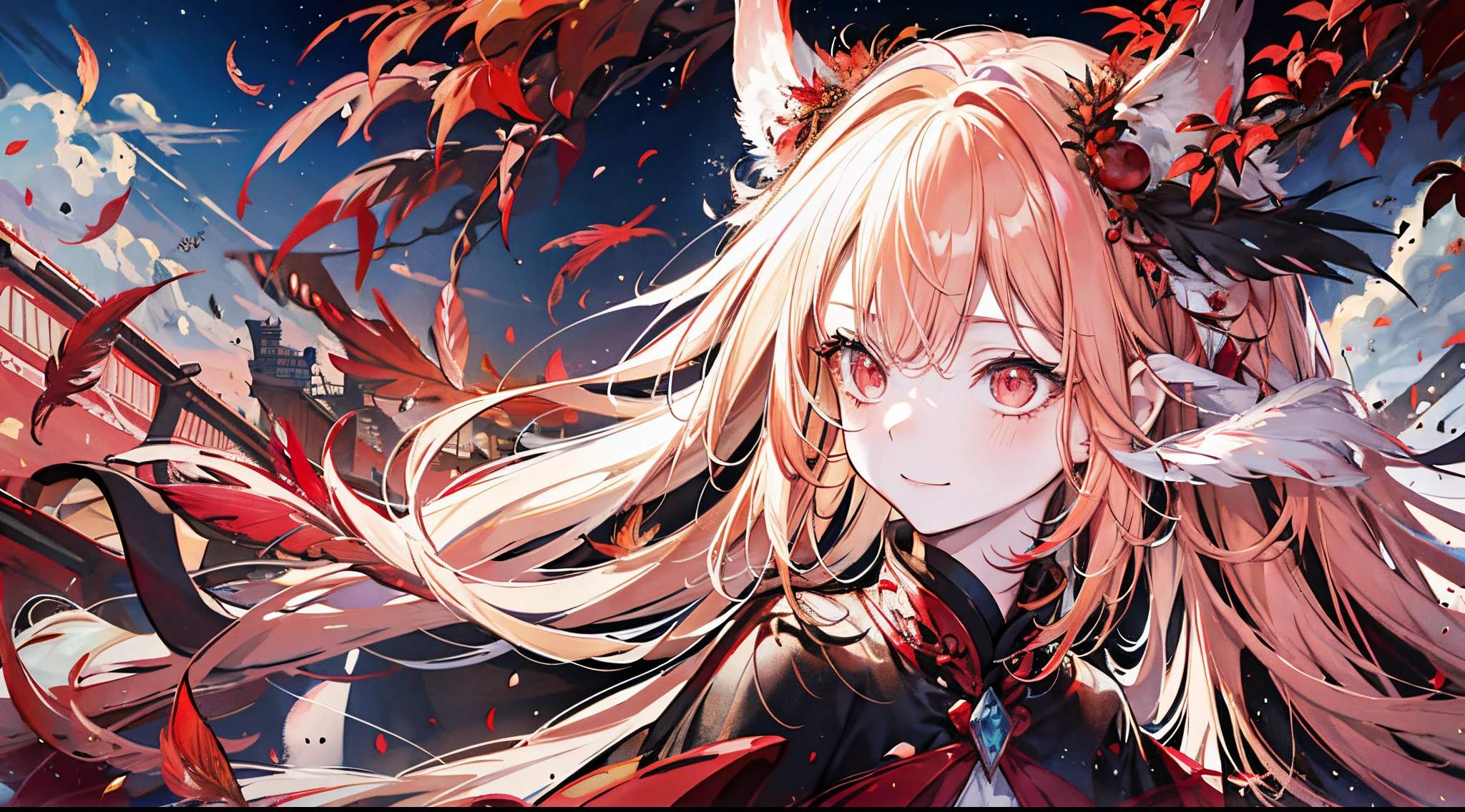 ((tmasterpiece:1.4,Best quality at best))+,(hyper-detailing)+,(Ultra-detailed eyes)+,(winged ears:1.5),
(cute girls),15year old,(Crimson pupils:1.15),Long dark blond hair,long braid,Bushy hair(wariza:1.2),pale-skinned,Stupid smile,red rhombus crystal,red bird feathers,Empty eyes
(She wore a conservative red and yellow bird feather coat,Black pattern,:1.5),(Starry Sky Cloak:1.4)The sleeves are long,Red bird feather headdress,Wings of Fire,baiyun,A sea of red leaves and trees,Dream bubbles,crow crow,rednails,sun crown,red apple,Red Lotus,leather pant
(bird feathers:1.1),
(dawn light:1.2),
(Thick black and white:1.16),(depth of fields:1.4),,Complicated details,