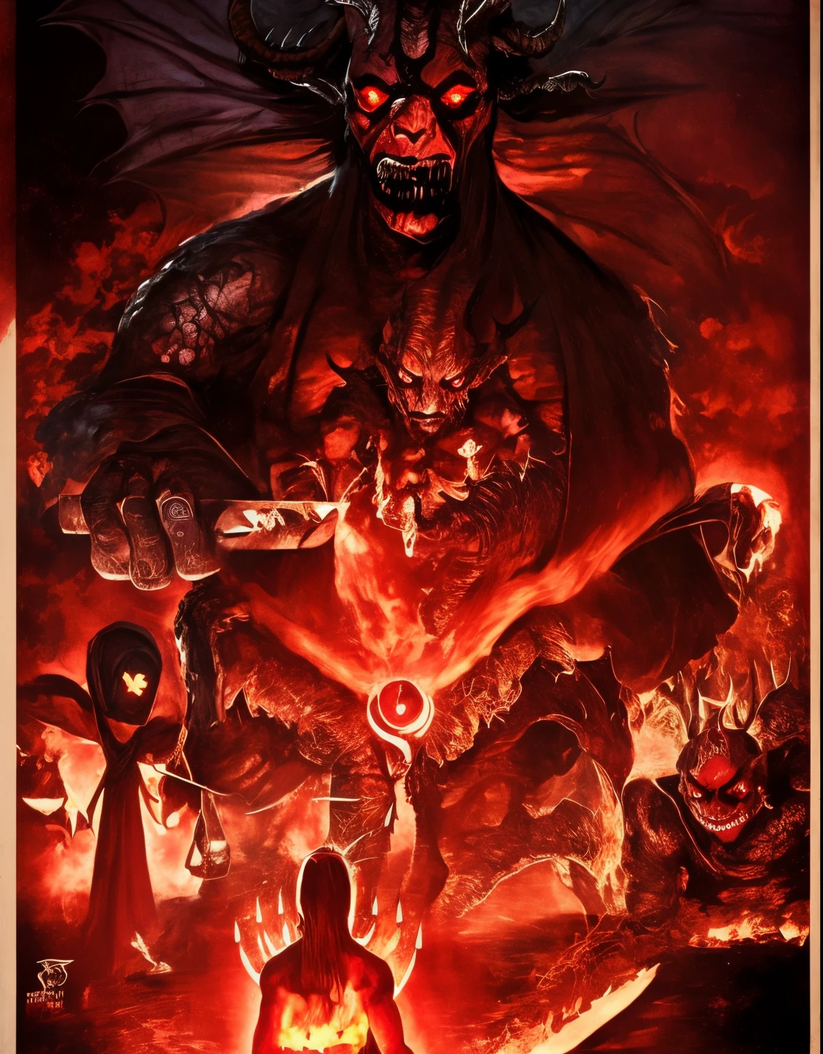 a closeup of a poster with a demon on it, A batalha final no inferno, satan in hell, cruzado sagrado, Hellboy, O Rei do Inferno, jesus christ is the doom slayer, fogo e enxofre, O Deus da Forja, Rei do inferno, Sangue para o Deus do Sangue, the devil in hell as a dragon, no inferno