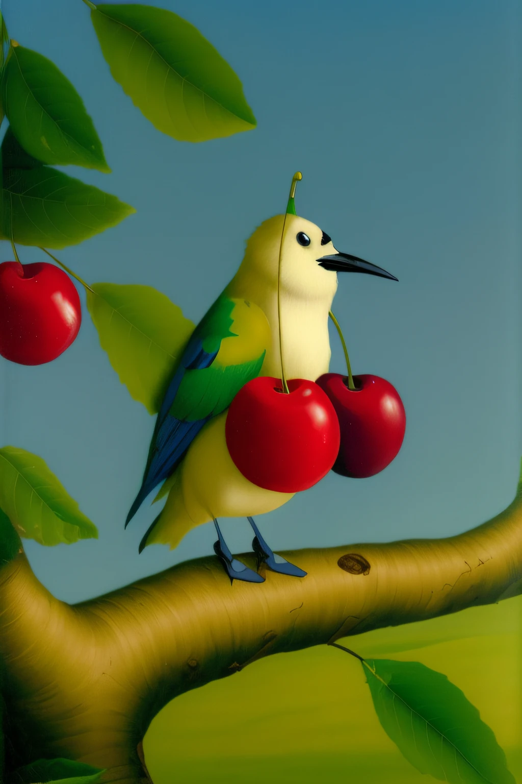 painting of a bird sitting on a branch with cherries, there is one cherry, Por Rainer Hosch, illustration!, frutas e penas, birds on cherry tree, Directed by: Vladimir Kush, Jacek Yerka e Vladimir Kush, Rene Magritte. circunstanciado, a surrealistic bird, inspirado em Hieronymus Bosch, juan miro