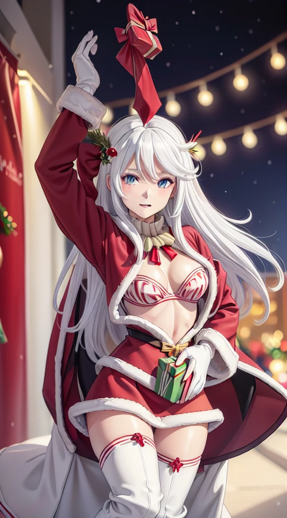 masterpiece, best quality, olo girl, white hair, blue eyes, long hair, wavy hair, Christmas ornaments, medium breasts, mature body and face, red christmas dress, christmas, christmas light, christmas tree, red gloves, red santa skirt, holding gift, red bra, red panty, leg up, cowboy shots, sexy pose, dakimakura, detailed body, face, and eyes, sharp focus, vibrant, creative, dynamic, high definition, high resolution, 8k, (Upscale: R-ESRGAN 4x+ Anime6B), (Image enchance:4x), voluptuous body