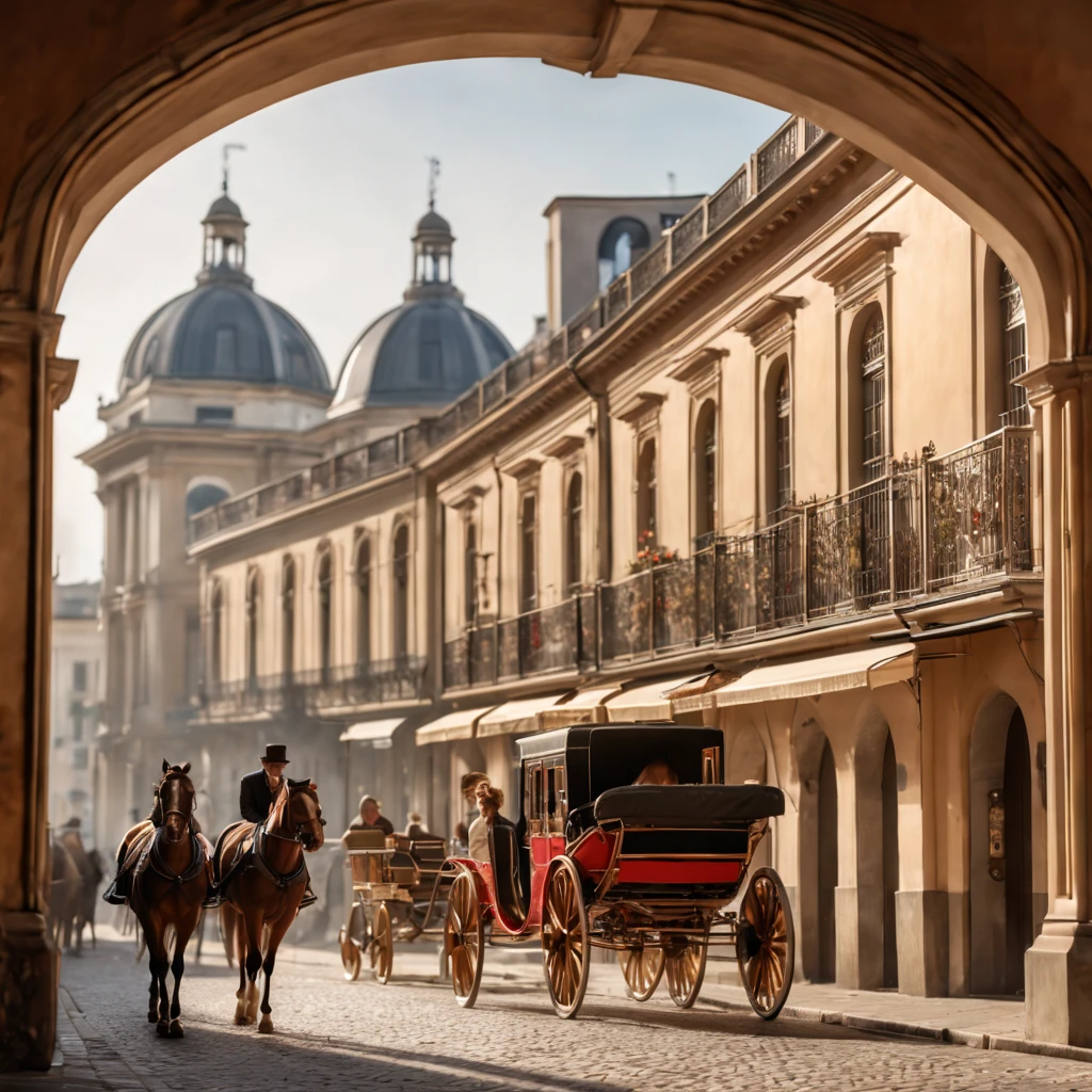Breathtaking cinematic photo, ((diagonal image compositing: 1.32)), (((looking from behind a (rhythmic arched arcades):1.32)), in the street ((some people) are walking: 1.2)) and (stunning horses pulling fancy carriages: 1.32)), realistic perfect human faces, highly detailed facial features, lifelike human skin textures, early in the morning,(( soft volumetric lighting )), wind blows,(city skyline), ((natural light spreads on the houses on the ((square of the town: 1.2))), (opened windows), intricate detailed architectonical decorated elements and statues on the buildings, In a long part of the street ((golden light beams spread over: 1.2)) like a ((bridge)),(((the bottom of the sky is crimson colored)), ((view point variations)), intricate details, photorealism, photorealistic, hyperrealism, ultra realistic, lifelike textures, neutral colors, cinematic lighting, dramatic lighting, soft front light, sharp focus, wide angle, film grain, dslr, raw photo,