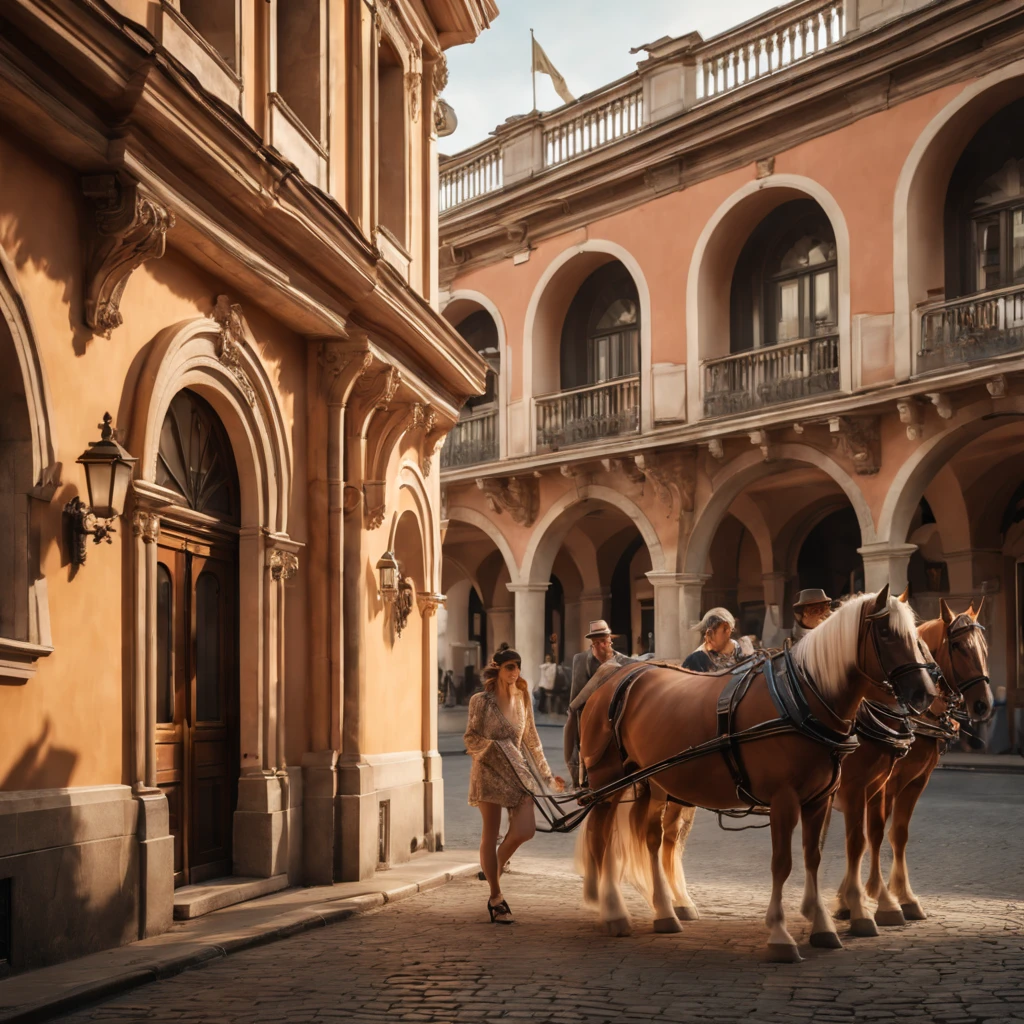 Breathtaking cinematic photo, ((diagonal image compositing: 1.32)), (((looking from behind a (rhythmic arched arcades):1.32)), in the street ((some people) are walking: 1.2)) and (stunning horses pulling fancy carriages: 1.32)), realistic perfect human faces, highly detailed facial features, lifelike human skin textures, early in the morning,(( soft volumetric lighting )), wind blows,(city skyline), ((natural light spreads on the houses on the ((square of the town: 1.2))), (opened windows), intricate detailed architectonical decorated elements and statues on the buildings, In a long part of the street ((golden light beams spread over: 1.2)) like a ((bridge)),(((the bottom of the sky is crimson colored)), ((view point variations)), intricate details, photorealism, photorealistic, hyperrealism, ultra realistic, lifelike textures, neutral colors, cinematic lighting, dramatic lighting, soft front light, sharp focus, wide angle, film grain, dslr, raw photo,