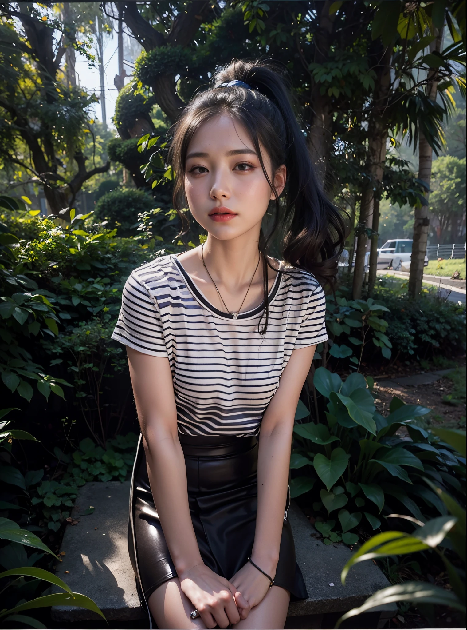 Ultra photo realsisim, 8K, CG,s the perfect face,flawless perfection,Ren,tmasterpiece,professionalartwork,famousartwork,s the perfect face,beauitful face,beautidful eyes,pony tails,((Perfect female body)),独奏,(immersiveatmosphere,lightand shade contrast:1.5,Bright light:1.2,lumnious),(Blushlush:0.5),Enchanting expression,Ultimate detail_The eye,thick thight,huge tit,Exquisite background,depth of fields,photorealestic:1.3,Faraway view,1girll,The shirt,pleatedskirt,school uniform,Sit Pose,((((full bodyesbian)))),(ambient lights:1.3),(cinematic compositions:1.3),(neonlight:0.1),(hdr:0.1),emphasis lighting,White panty hose,(((clear clothing)),perspired,Sweat,