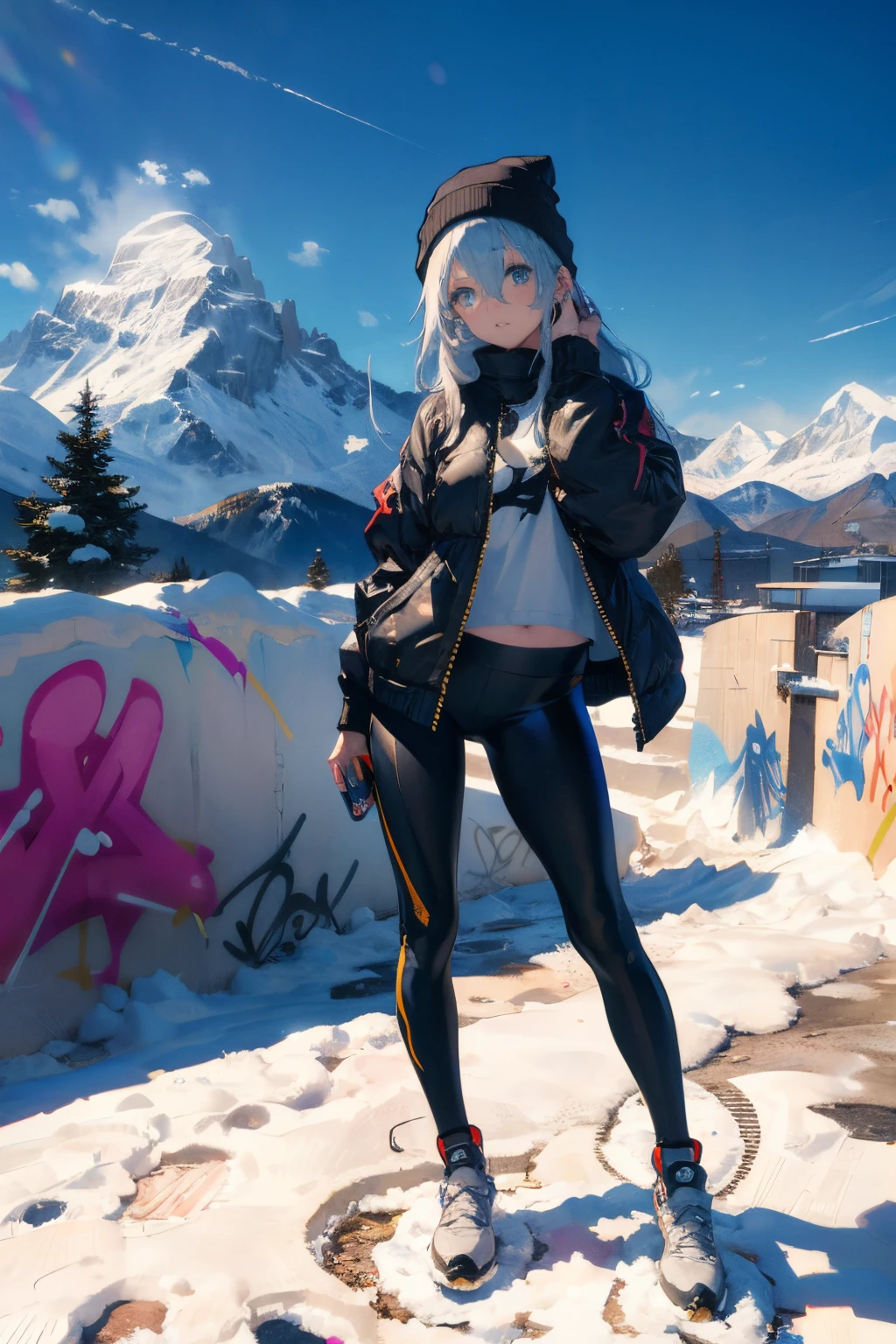 (​masterpiece:1.2、top-quality)、(graffiti wall:1.2)、1lady、Beanie、jaket、leggins、blue eyess、full body Esbian、yogapose、Down jacket、snow mountains、Background snow view、