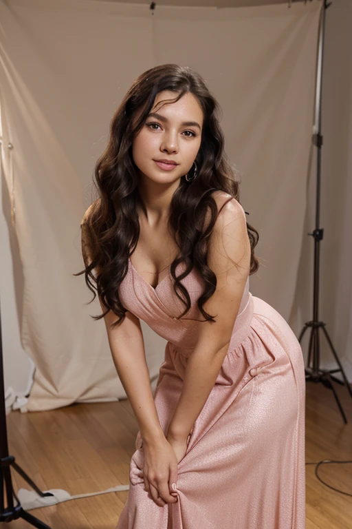 Wearing a salmon pink dress,Long skirt、Wearing pearl earrings, Fair skin,salon photos,Pulled up hair,dark hair, short and wavy hair, ssmile,fashion photos,vogue,Studio shooting,Plain background,brightly