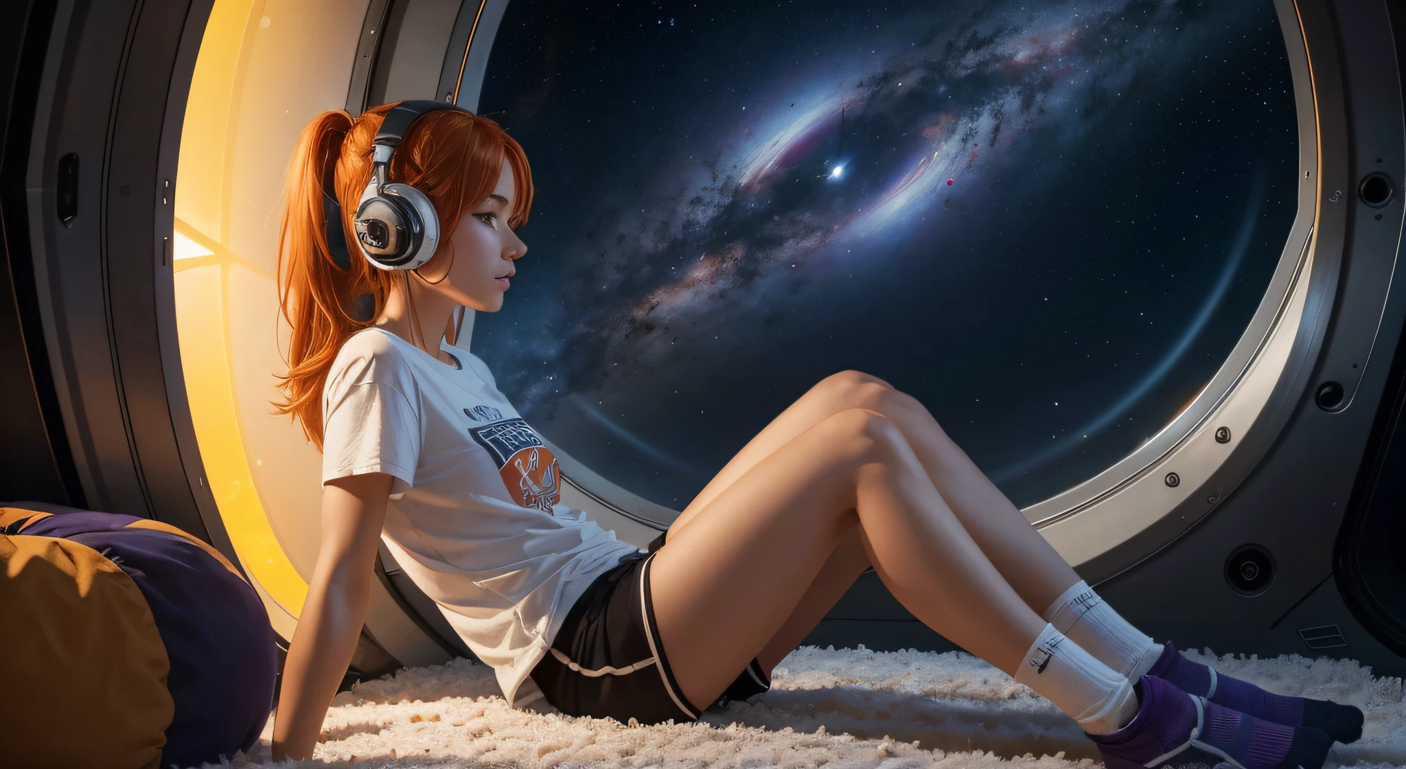 One beautiful and board girl enjoying a rest in a 30 meter space pod , perfect long slim legs, no light glare, wearing shorts up to her waist, perfect ???????, profile medium shot, inside an escape pod, orange hair, Caucasian, listening music with headphones, one leg and socked foot propped up against the main view controller, in a very large spaceship escape pod of 30 meters in diameter, she is wearing casual space appropriate clothing, shorts pulled up to waist, mini gym shorts, a printed tee shirt that reads "Hardly Working", and comfy oversized socks, there is a faint blue Saturn-like planet in the evening sky, all the stars are out in the purple orange alien sky, wind chimes, dried seed pods, dry flowers hang from the ceiling, photorealism, hyperdetailed, in the sci-fi style of James Campbell