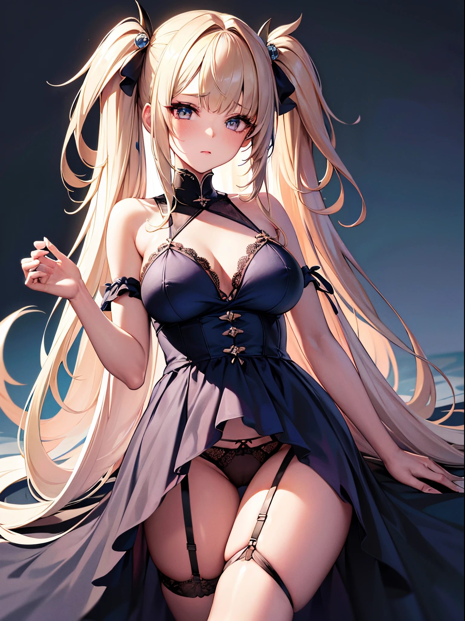 ((Best Quality)), (ultra-detailliert), ((Extremely detailed)), (Beautiful), ((Kawaii Girl)), ((UHD)), (masterpiece), (high quality), (best quality), (4K), (high quality), 1, solo girl, 1girl, ((platinum blond hair)), parted bangs, ((hair intakes)), long hair, (hair two side up long), ((jade colored eyes)), slanted eyes, medium breasts, slender body, lite blue, babydoll trimmed with lace, side tie panties, garter belt, bedroom, anime