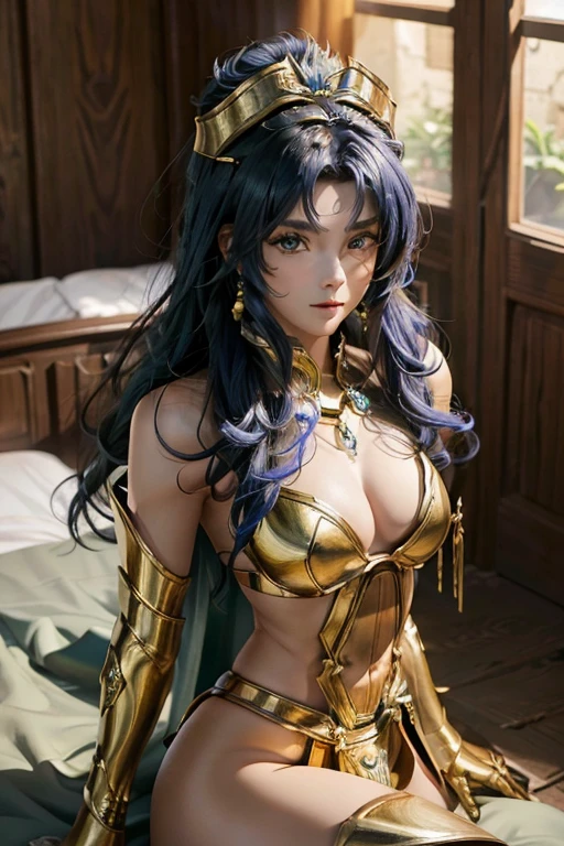 (8k, melhor qualidade, obra prima:1.2) uma garota muito sexy em Saint Seiya, armadura tipo bikini, olhos detalhado, nariz detalhado, boca detalhado, linda garota seios grandes, cintura fina, coxas charmosas corpo inteiro e cauda grande Olhos e rosto azuis extremamente detalhados,Belos olhos detalhados ultra 4k, campo de batalha,