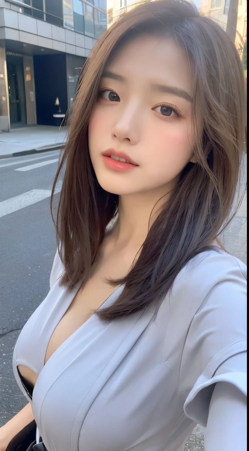 ((Best quality, 8K, tmasterpiece:1.3)), focal point:1.2, Beautiful woman with perfect body:1.4, Upturned buttocks:1.2, ((Cut hair into layers, beautiful boobs:1.2)), (wetclothes:1.1) , (Sateen, the street:1.3), Sky blue floral dress:1.1, Highly Detailed Face and Skin Textur, A detailed eye, 二重まぶた,Whitening Skin,Long gray hair