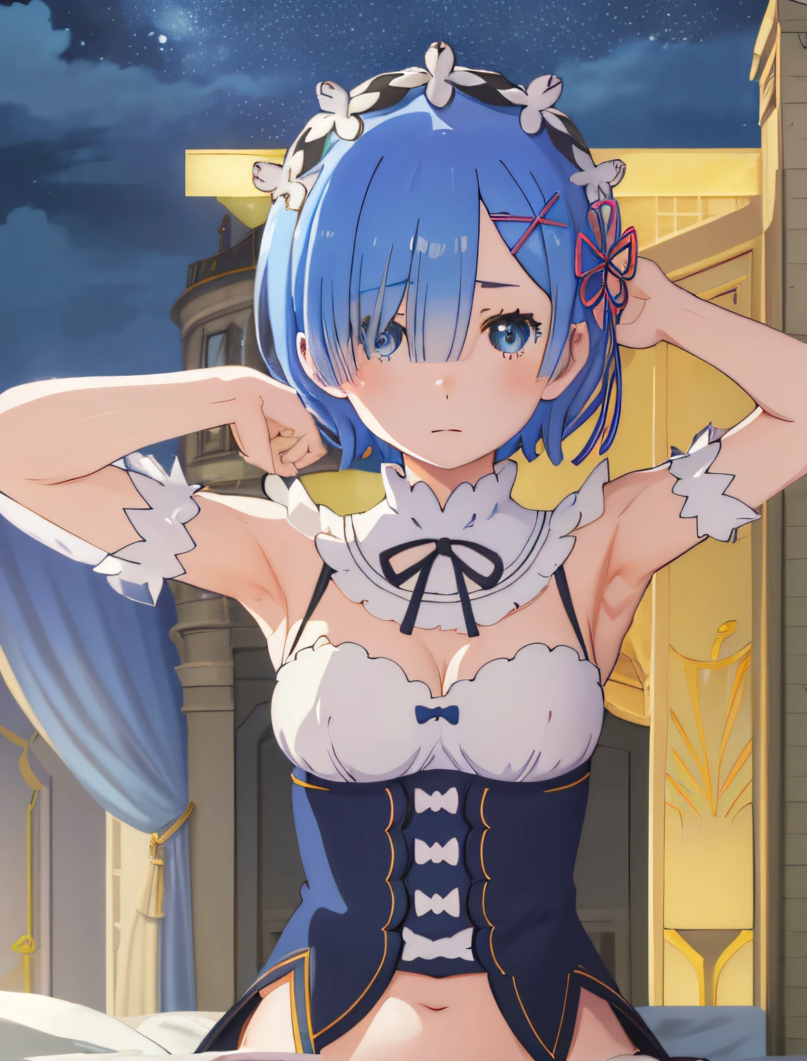 best quality, masterpiece, phRem, 1girl, blue hair, solo, maid, roswaal mansion, looking at viewer, anime coloring, maid headdress, upper body, high contrast, colorful, night, house, bed, armpits, bikini, breasts, belly, wet armpits, big breasts, skirt