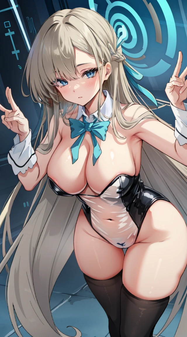 (A high resolution), (Ridiculous resources), (Best quality), (high high quality), (tmasterpiece), 1 plump girl, Asuna, eBlue eyes, Long gray hair, The halo, hair covering one eye, Very long hair, Light brown hair, (?????????????, The cracks are relatively large), Latex high socks, Red latex stockings, praying hands logo, looking at viewert, 8K HD RTX, Delicate finger detailing,??????? exposure，Slim figure，