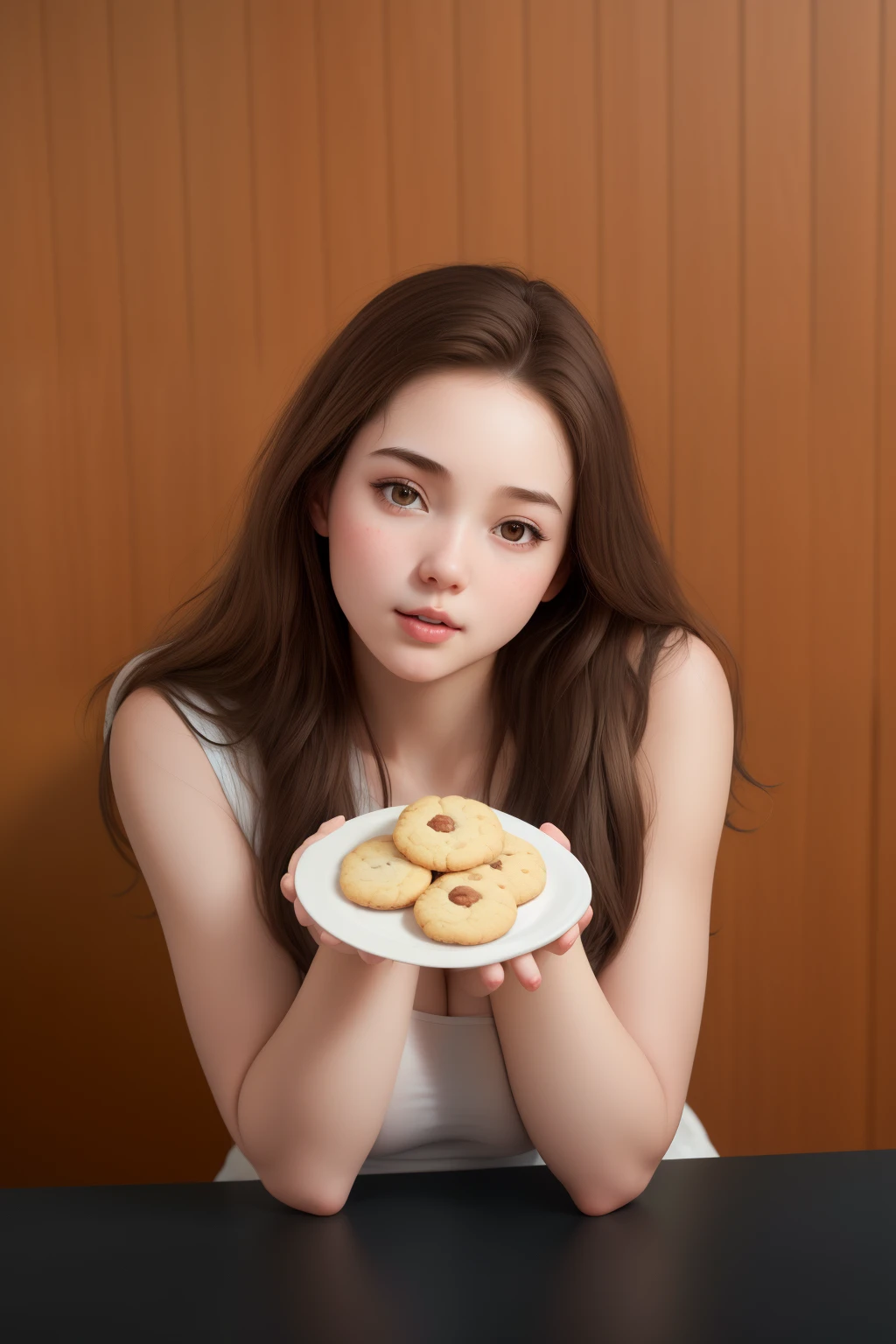 (best quality), big head, (1girl with gigantic breasts:1.3) Girl Brown Hair , White Pale Skin Tone , Showing Cookies, Holding Cookies on Plates In her Hand , Korean , Pretty Girl , UHD , 8K , Details Hand,  Realistic