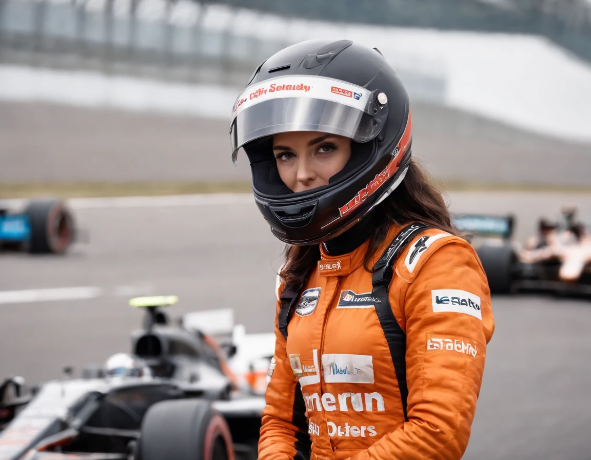 1womanl，A racing driver in an orange and black racing suit covered with many sponsor badges stands in front of a racing car, Race Track, Racing cars also have orange features, racing driver wears a helmet on his head.、Because the helmet visor is closed、I can&#39;I can&#39;t see the driver&#39;s face, Arm crossed, Black visor,