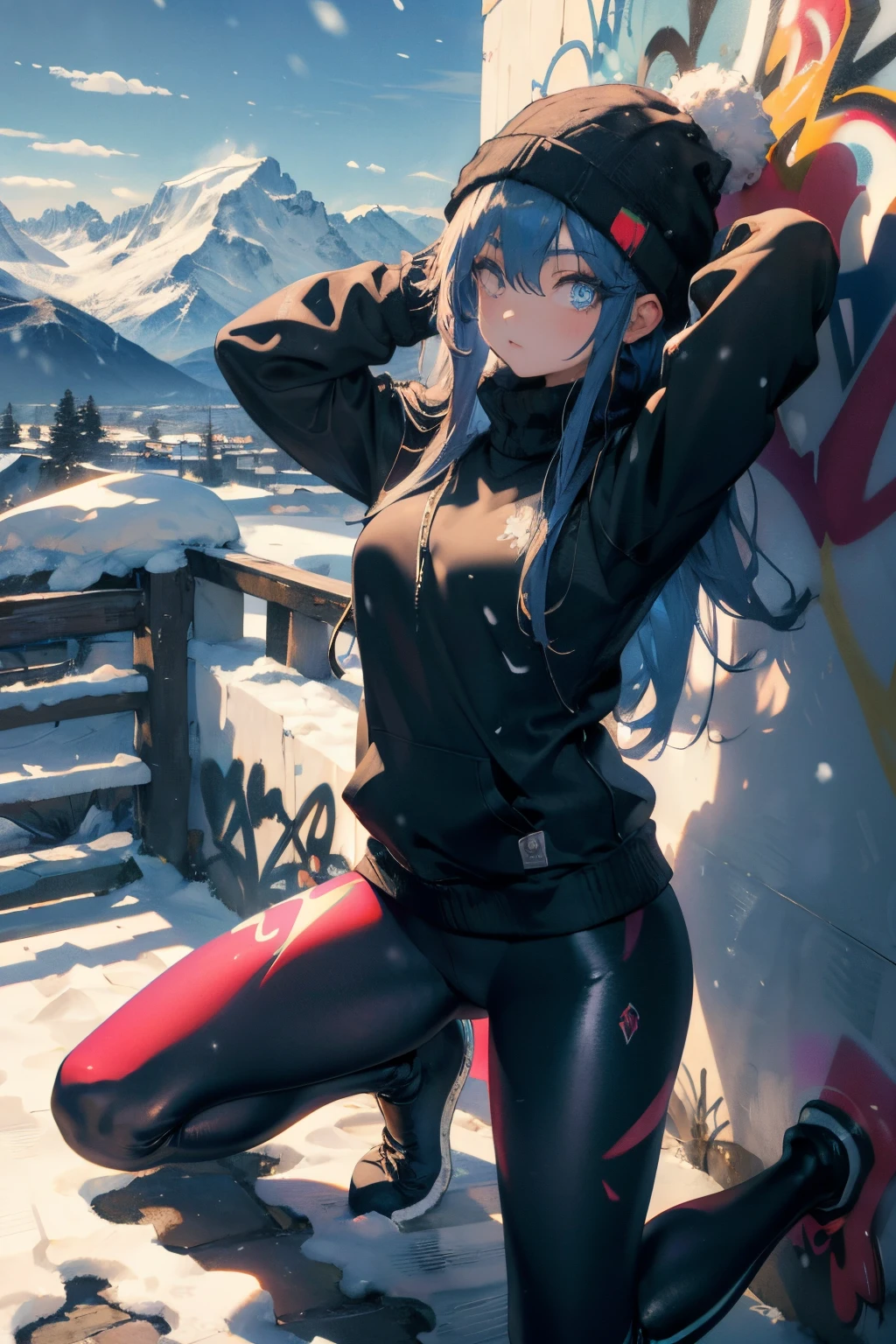 (masterpiece:1.2、top-quality)、(graffiti wall:1.2)、1lady、Beanie、jaket、leggins、blue eyess、full body Esbian、yogapose、Down jacket、snow mountains、Background snow view、