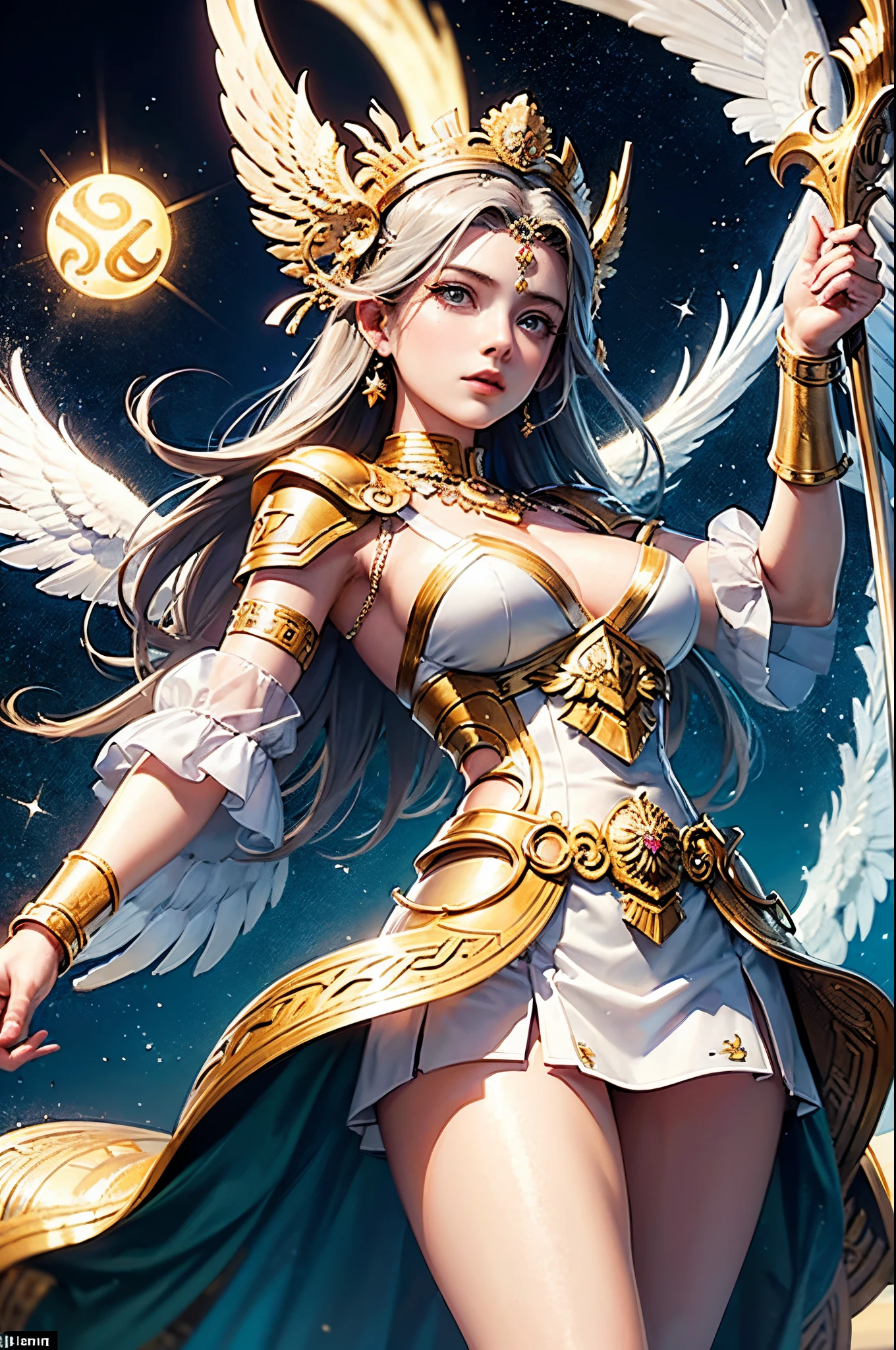 From a heterogeneous plane, the angel of wealth and fortune, ((Abundia)) in white robes with delicate embroidery in gold thread, descends among diaphanous clouds, golden reflections of light from the great central sun, carrying in his arms the Cornucopia of abundance , spouting gold coins, jewels and precious stones, an image of divine beauty, a celestial work of art.8k,fullHD.