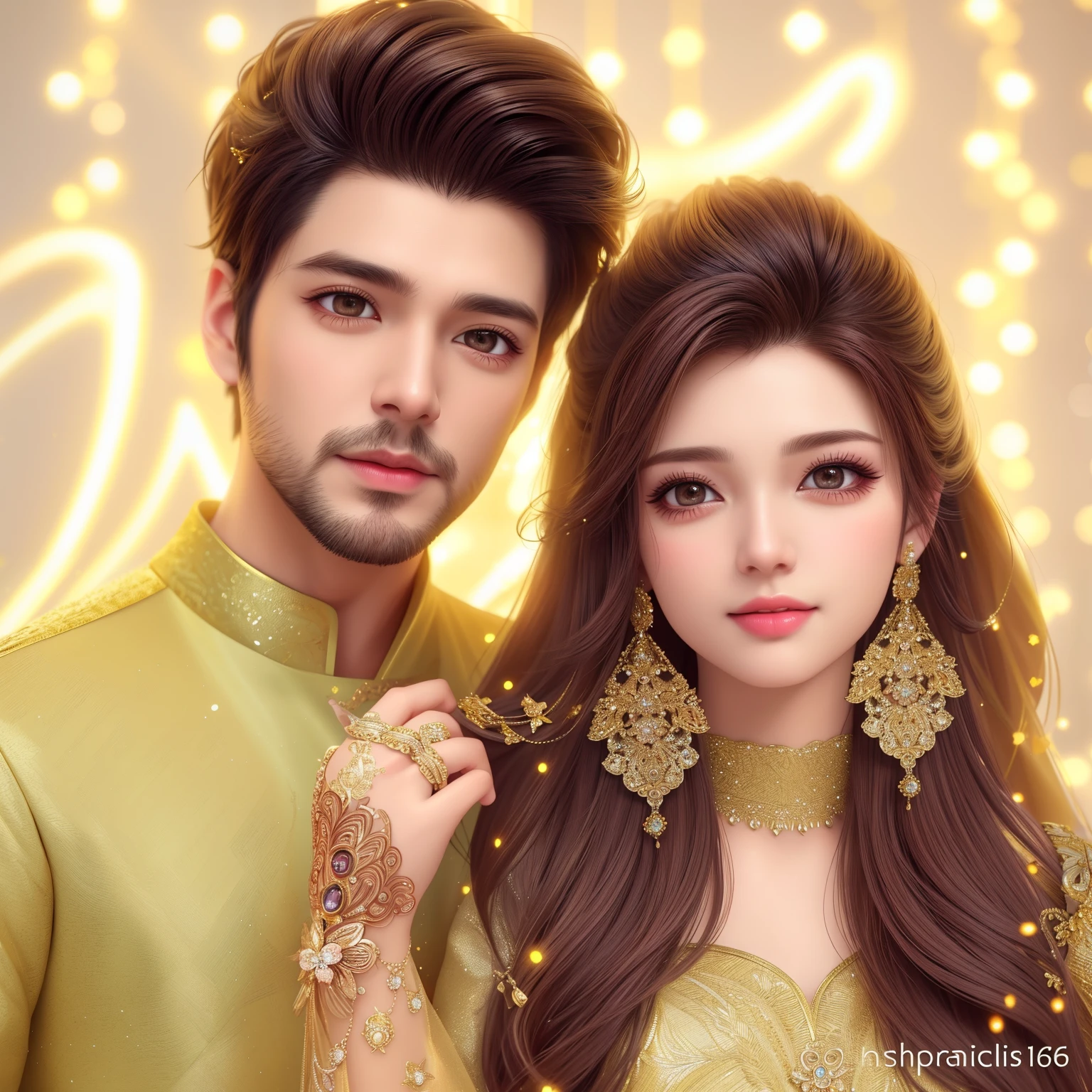 a close up of a man and a woman with a gold dress, lovely couple, couple pose, handsome stunning realistic, handsome face and beautiful face, beautiful and realistic faces, high quality 16k digital art, trending on devian art, detailed realistic faces, detailed and realistic faces, lovely detailed faces, realistic picture, beautiful digital art, beautiful digital illustration
