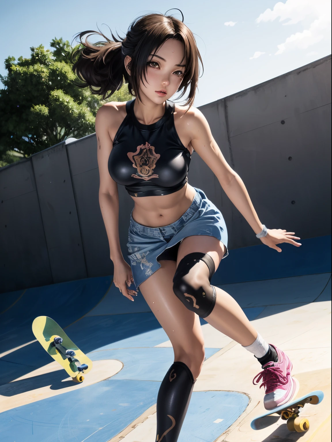 Best Quality, masutepiece, High resolution, (Anime Heroine Illustration), Anime Paint, 1beautiful girl ,Dynamic Angle,Female skateboarders,small head,Large breasts,nice legs, Glowing skin, Sweat,At the skateboarding venue ,(Detailed beautiful face:1.4),detailed skins,Detailed eyes,detailed hairs,Detailed beautiful legs,Sporty,