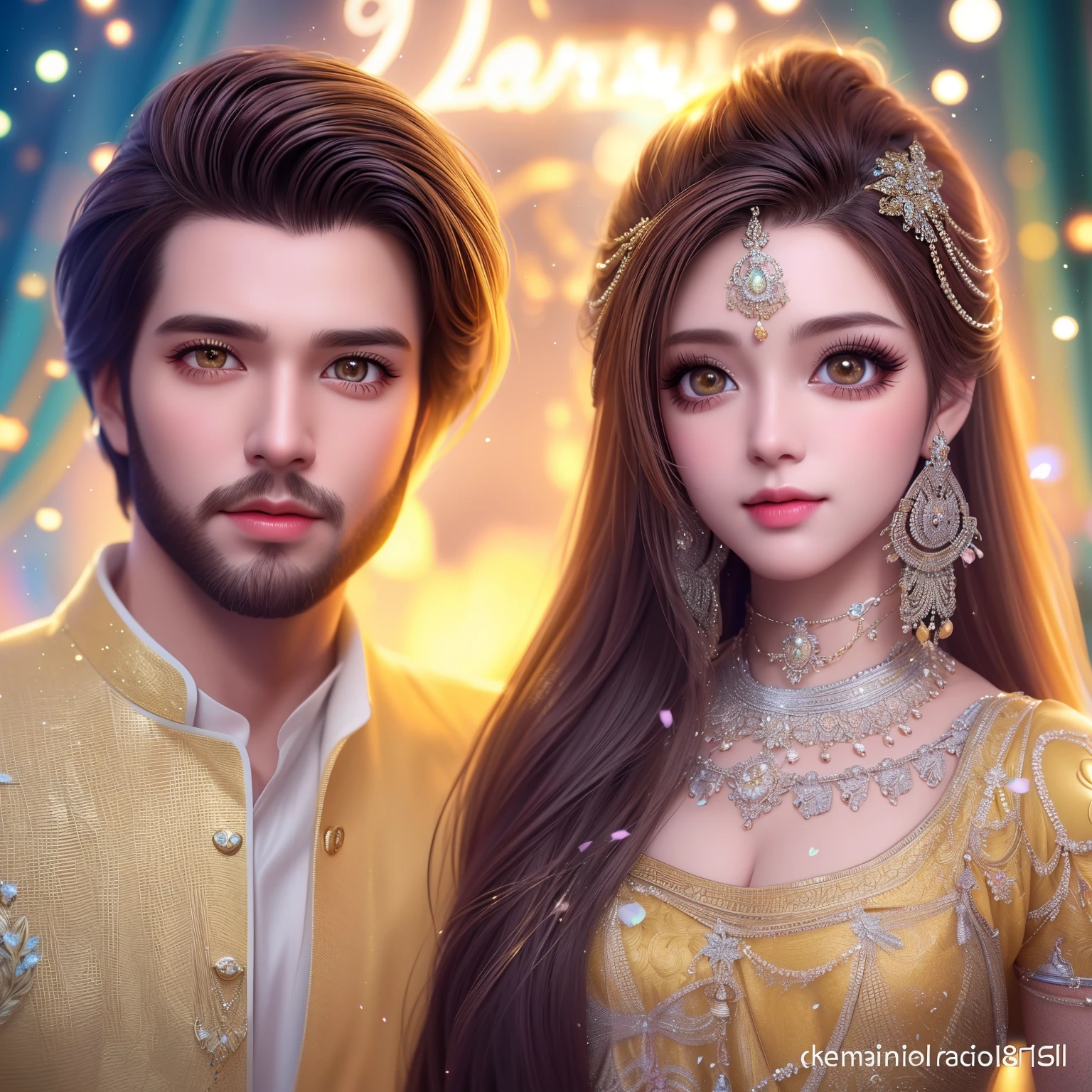a close up of a man and a woman with a gold dress, lovely couple, couple pose, handsome stunning realistic, handsome face and beautiful face, beautiful and realistic faces, high quality 16k digital art, trending on devian art, detailed realistic faces, detailed and realistic faces, lovely detailed faces, realistic picture, beautiful digital art, beautiful digital illustration