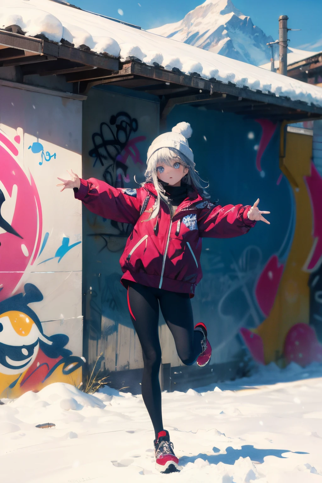 (masterpiece:1.2、top-quality)、(graffiti wall:1.2)、1lady、Beanie、jaket、leggins、blue eyess、full body Esbian、yogapose、Down jacket、snow mountains、Background snow view、