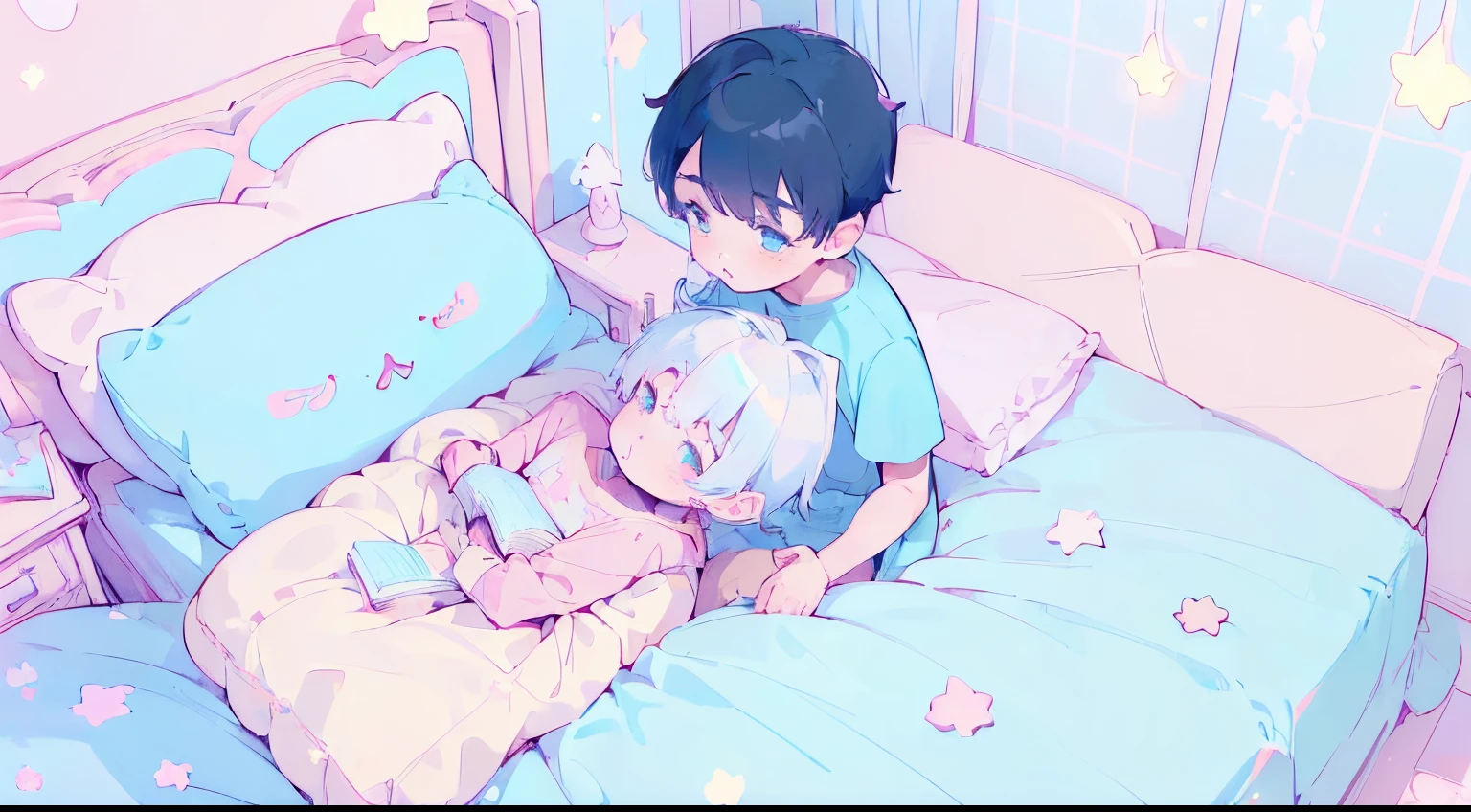 (((2 boys of the same ))),((2 boys sitting on bed)), black hair,reading a book, bedroom, cute room,((pastel colors)),kawaiitech,cute colors,kawaii,stars are hanging above bed,bedtime stories,pillows,soft toys,bedcover,masterpiece,((ultra detailed)),flat coloring,cute flat colors,((view from above))