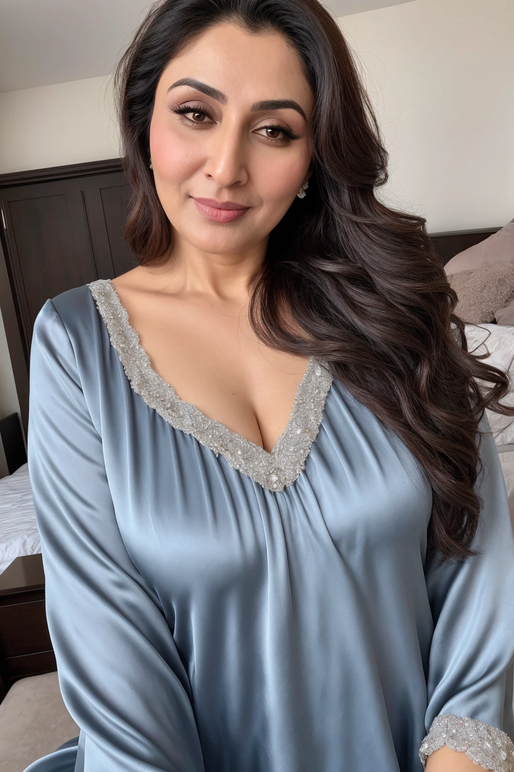 Instagram photo, 45 years old girl named reema khan, wearing satin nightgown, closeup selfie taken on iphone 15, curvy, seductive face, bedroom, without makeup, hair bun, slight smile