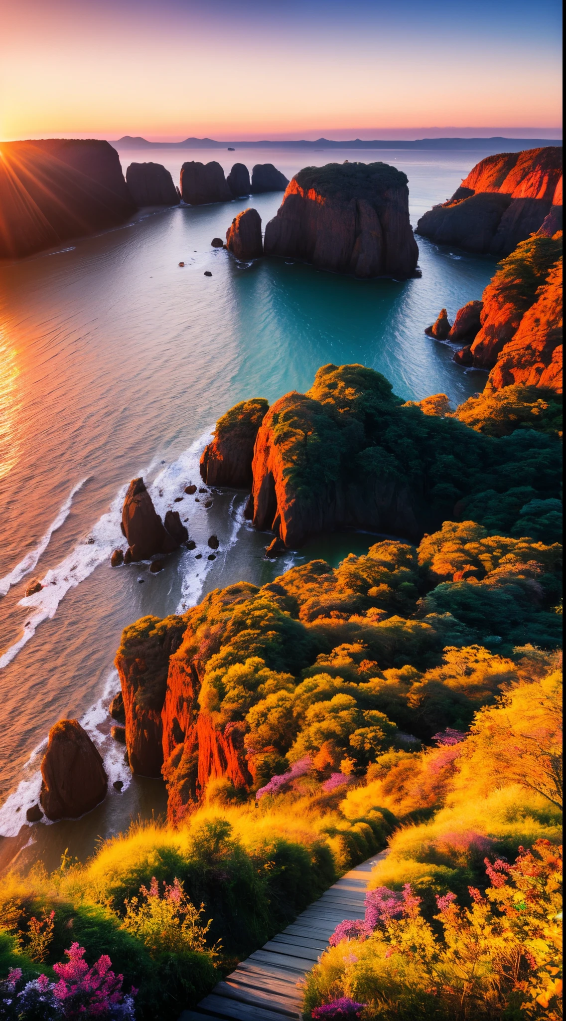 Sunrise, morning glow, distant view, realistic, rich colors, gorgeous and colorful, wide-angle lens, shooting in the evening, positive film, naturalistic style, high-definition filming.