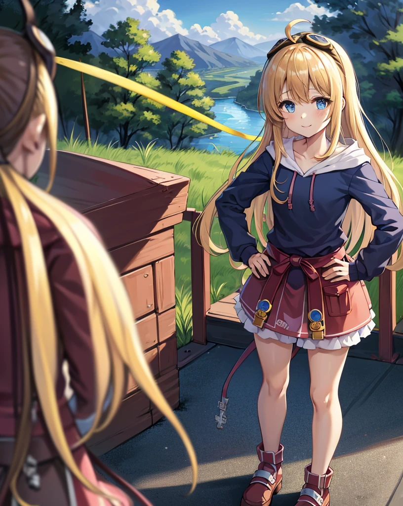 Best Quality, (masutepiece:1.2), Illustration, absurderes,
(1girl in, Solo), (Beautiful detailed girl),
Tita Russell, Blue eyes, Blonde hair, Long hair, Ahoge, Small breasts, flat chest, Petite,
goggles on neck, Green hoodie, Blue shirt, Miniskirt, Black socks, Red shoes,
mountain in the distance々Overlooking, distant river, (Pine forest), Colored leaves, skyporn, Clouds, Convoluted, Detailed background,,
Looking at Viewer, Smile, blush,
((Hands on hips)), Cowboy Shot,