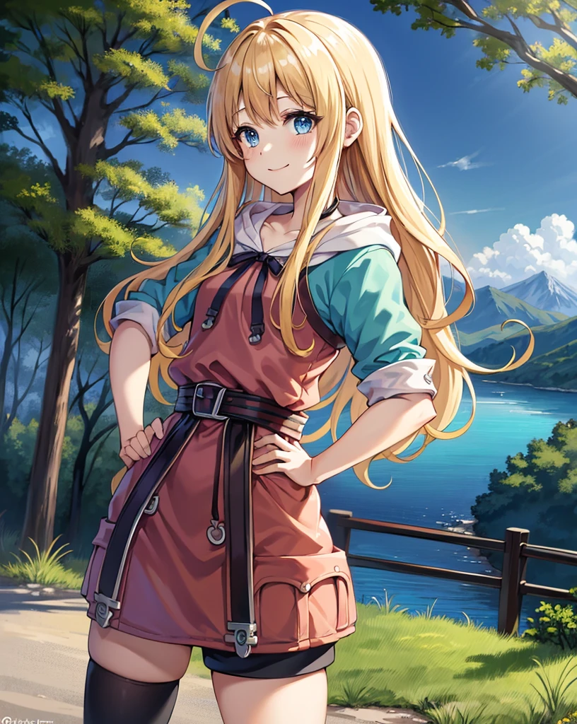 Best Quality, (masutepiece:1.2), Illustration, absurderes,
(1girl in, Solo), (Beautiful detailed girl),
Tita Russell, Blue eyes, Blonde hair, Long hair, Ahoge, Small breasts, flat chest, Petite,
goggles on neck, Green hoodie, Blue shirt, Miniskirt, Black socks, Red shoes,
mountain in the distance々Overlooking, distant river, (Pine forest), Colored leaves, skyporn, Clouds, Convoluted, Detailed background,,
Looking at Viewer, Smile, blush,
((Hands on hips)), Cowboy Shot,