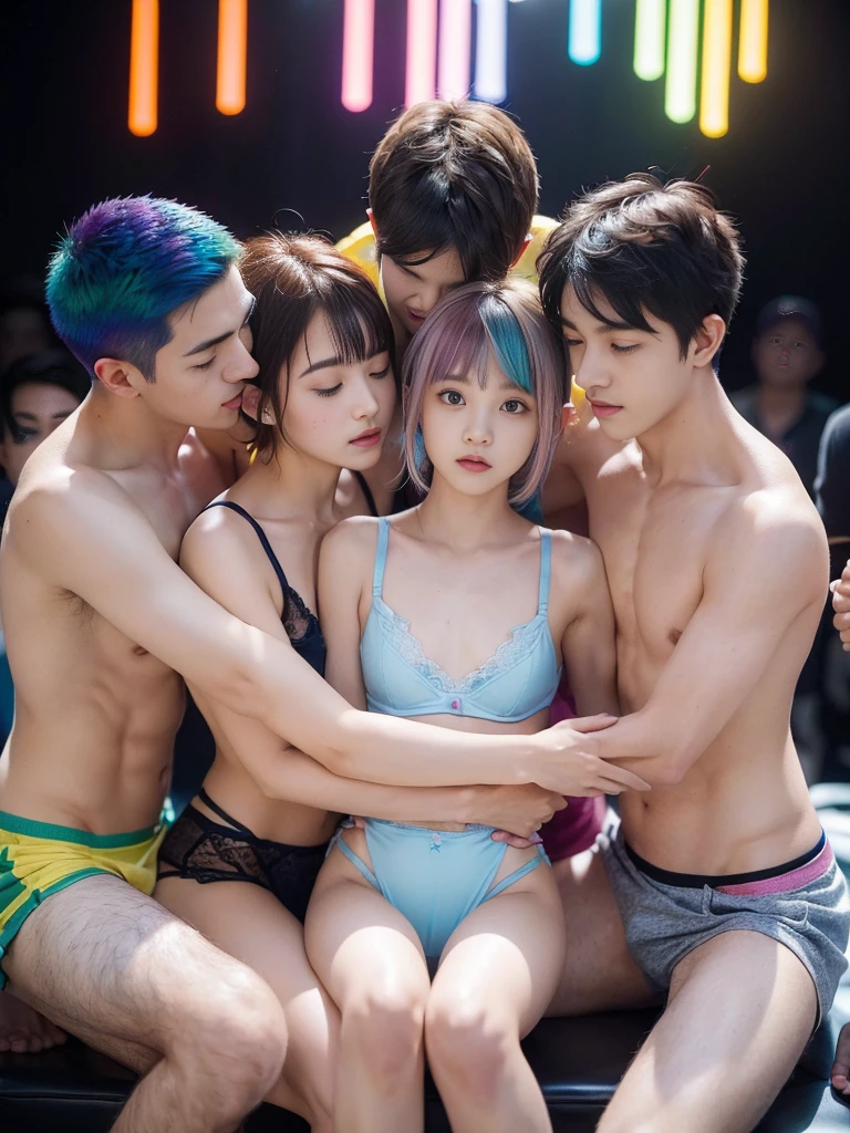 (A group of boys surrounded a girl with a flat chest and a very petite figure，Boys hug her from different directions:1.7)，(The only girl，Seductive pose，Showing her crotch to the audience，Half recumbent，Lean back，squatting pose，Spread your legs to the sides，A seductive smile)，(Stylish hairstyle，Design intricate hairstyles，Hair of many colors，random color hair，Cute hairstyle，Multi-colored hair，Rainbow color pick-dye，symmetrical hairstyle，full bangs)，(sensual lingerie，There are strangulation marks on the panties)