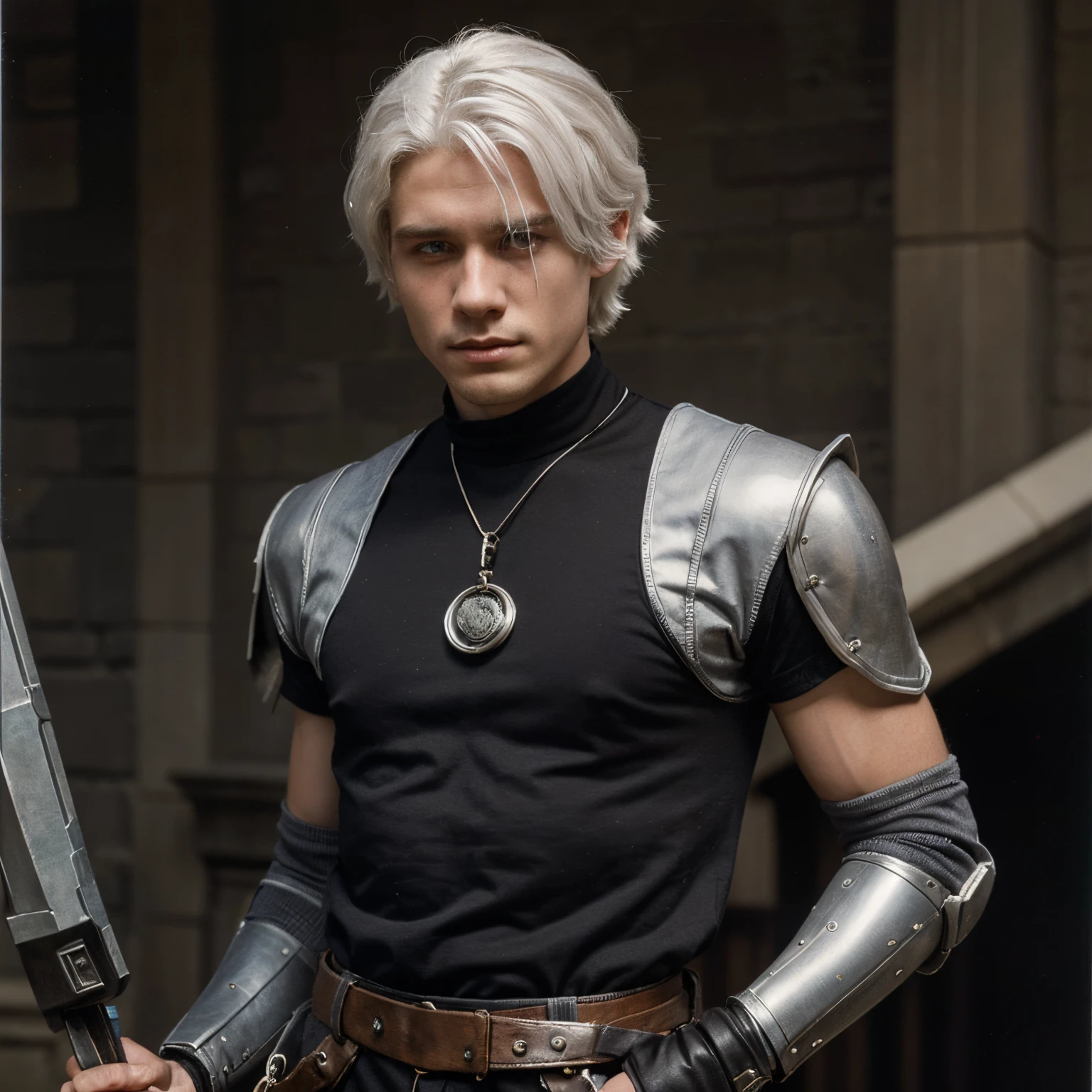 18 year old male Changeling from dnd with white hair, grey skin, and royal clothing, with a metal arm, in a 1980's dark fantasy style