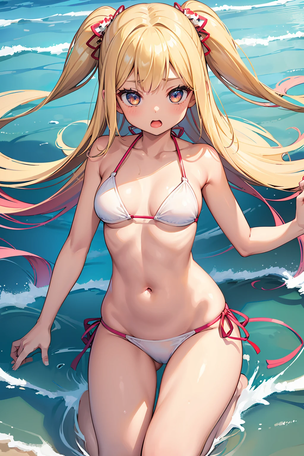 Product quality, ((1girl in)), Face close-up shot, ((Kamimei:1.5)), ((Open your mouth wide to the maximum:1.2)), a Japanese young pretty woman, hyper pretty face, ((Blonde Gal)), Wet body, Glossy lips, Glamorous figure, ((a white bikini)), pretty pose, You can see the shape of the, 二重まぶた, Natural makeup, long eyelashes, shiny and smooth hair, asymmetrical bangs, Tanned skin, (sea the background of:1.2), central image, High resolution, high detailing, detailed hairstyle, Detailed face, spectacular movie lighting, Vibrant, anime expression, Perfect limbs, Perfect Anatomy, tre anatomically correct,