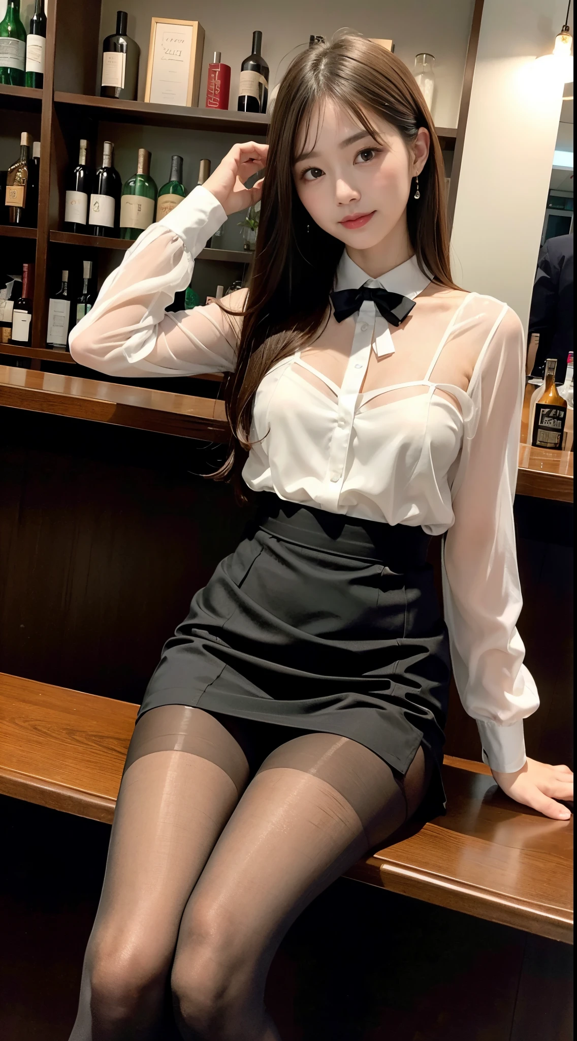 face is :9,3965458303],ulzzang -6500-v1.1, (Raw photo:1.2), (Photorealsitic), (See-through:1.3), (Real:1.4), upper class bewitching woman、１femele、luxury silk blouse:1.2, (Ultra-realistic pantyhose:1.2), No skirt、small luxury lace panties、Pantyhose Focus、Sit at the bar counter、Cross your legs、Inviting look、