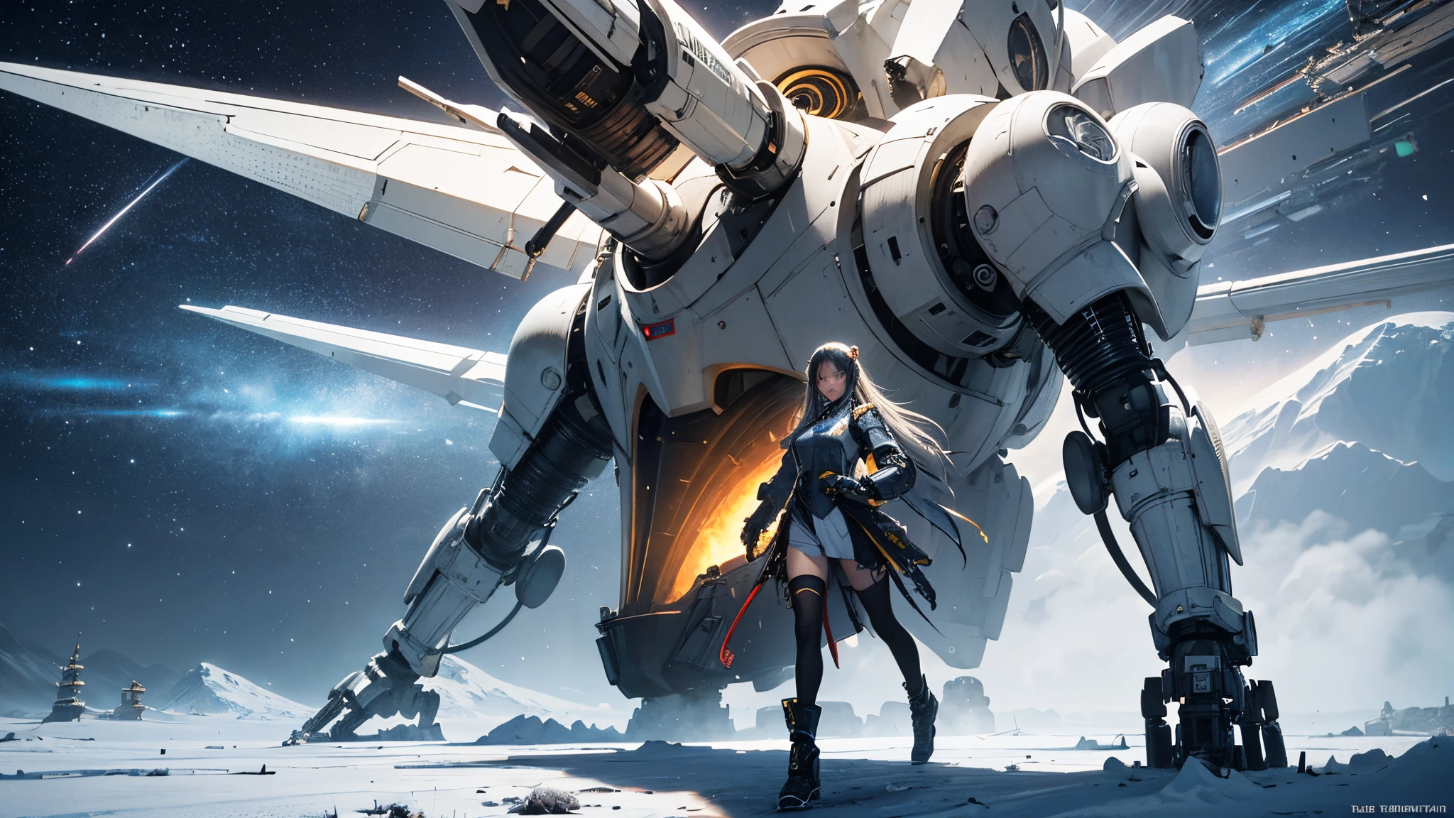 Full body shot,1girl, cute Korean+Chinese girl 17 years old, slender, gold scifi mech suit, intricate detail, Snow Mountain, Japna Gundam, full body image, Walking, unreal Engine, DOF, Super-Resolution, Megapixel, Cinematic Lightning, Anti-Aliasing, FKAA, TXAA, RTX, SSAO, Post Processing, Post Production, Tone Mapping, CGI, VFX, SFX, Insanely detailed and intricate, Hyper maximalist, Volumetric, ultra photorealultra-detailed intricate details, Super detailed, Full color Volumetric lightning, Realistic, Hyper realistic, Photorealistic, Unreal Engine, 8K --ar 16:9 --niji 5