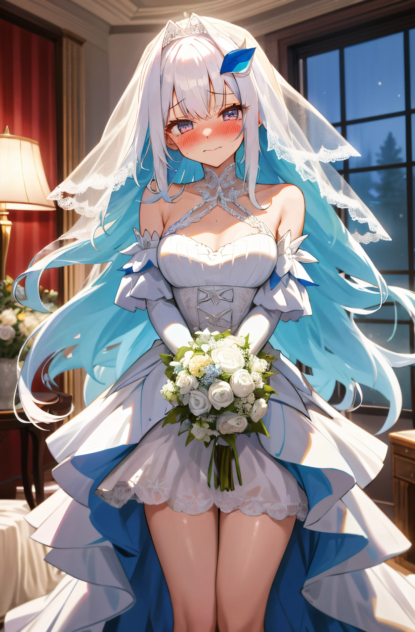 One girl with long curly hair, white hair, blue inner hair, looking at viewer, blushing, embarrassed, tears, indoor, living room, wedding dress, bridal veil, lace gloves, dizzy, mid-chest, perfect waist, spread legs, night atmosphere, hair ornament, standing, Bouquet