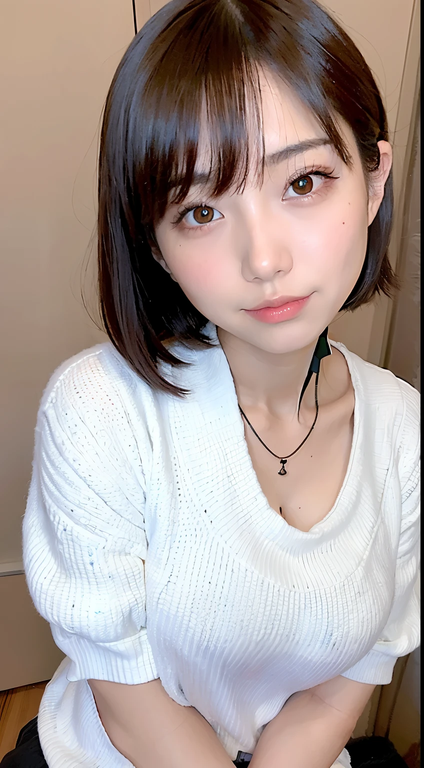 (top-quality、8K、32K、​masterpiece、nffsw:1.2)、Photo of a cute Japanese woman、Colossal tits:1.4、very short bobbed hair、The upper part of the body、sface focus、Oversized_Sweaters、a necklace、simple background、From  above、looking at the viewers、cleavage of the breast:1.5、Balanced body