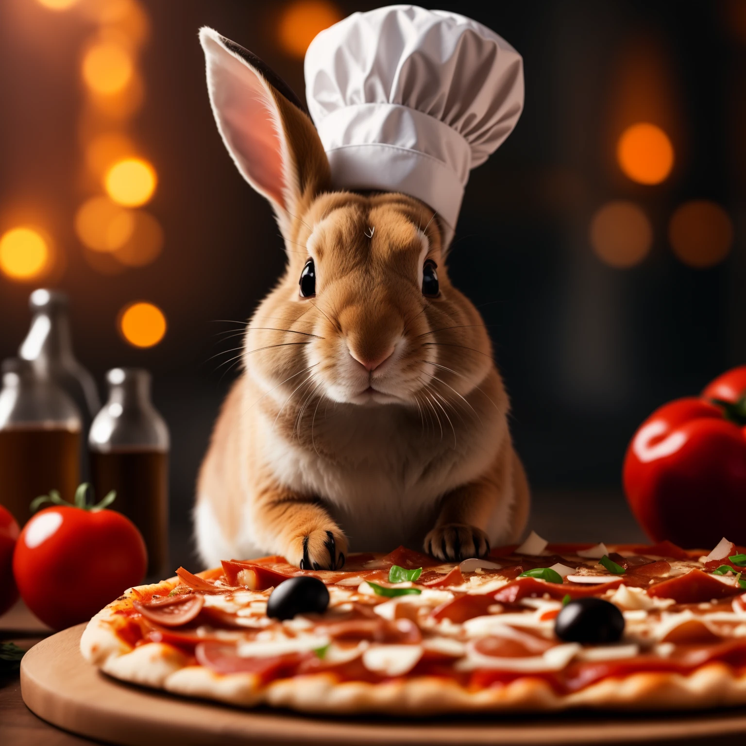 there is a little rabbit wearing a chef&#39;s hat, Pizza presentation, Food Commerce 4K, Making pizza, The appearance of a pizza rat, Chewing pizza, Dinner is served, Italian pizza, Buttercup eating pizza, Pizza on the table, Shutterstock, Cute anthropomorphic rabbit, Eating pizza, pizza!, Anthropomorphic rabbit