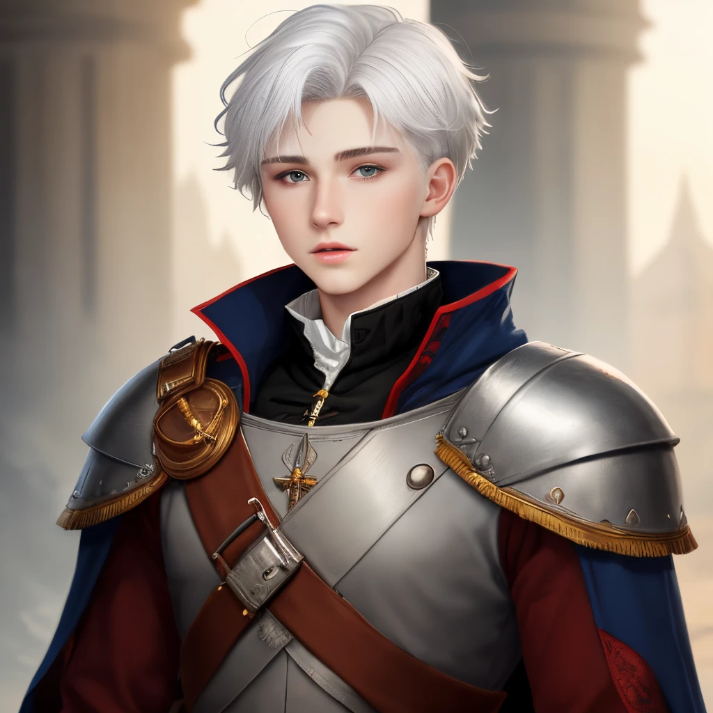 18 year old male white hair, grey skin, and royal clothing, with a metal arm dnd
