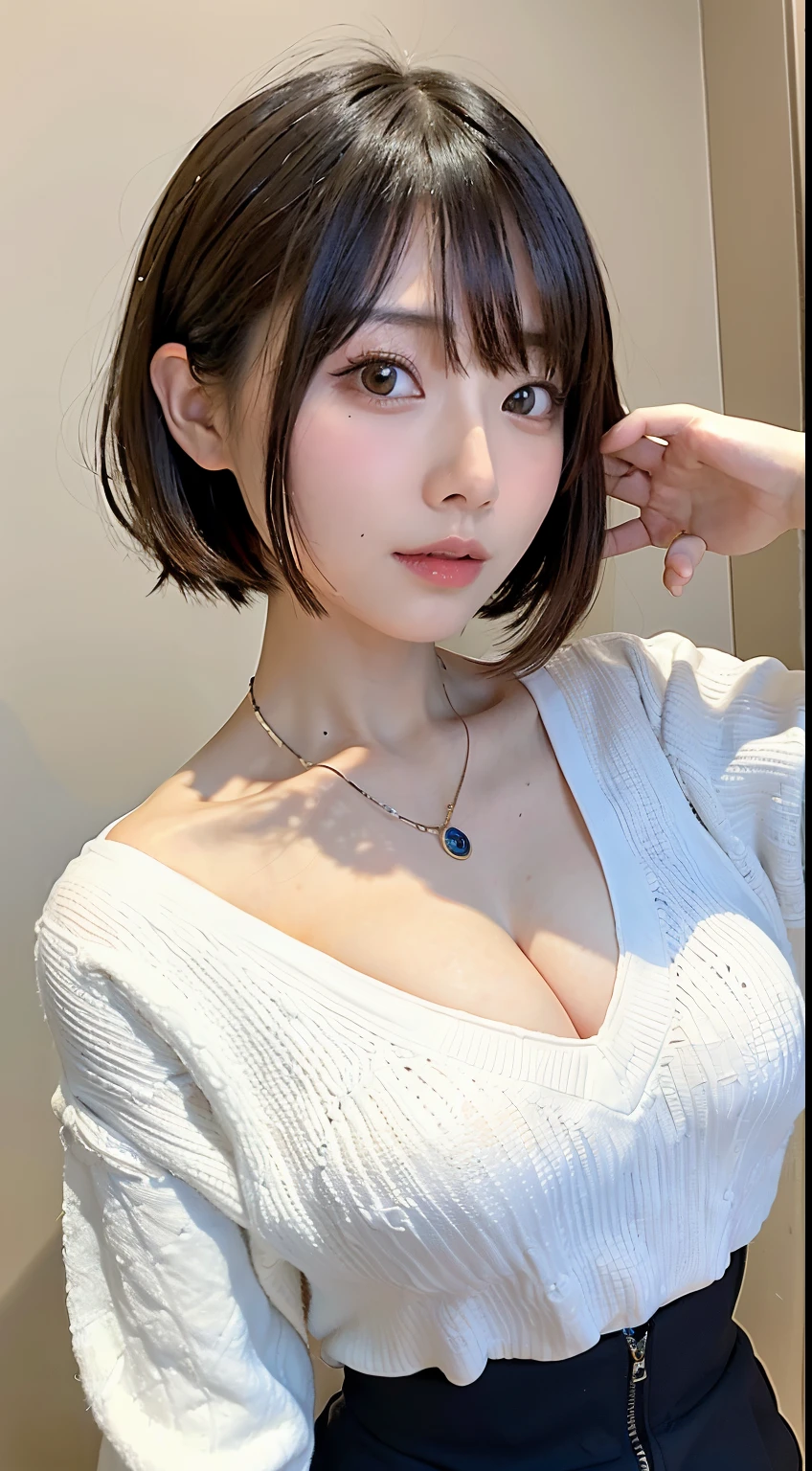 (top-quality、8K、32K、​masterpiece、nffsw:1.2)、Photo of a cute Japanese woman、Colossal tits:1.4、very short bobbed hair、The upper part of the body、sface focus、Oversized_Sweaters、a necklace、simple background、From  above、looking at the viewers、cleavage of the breast:1.5、Balanced body