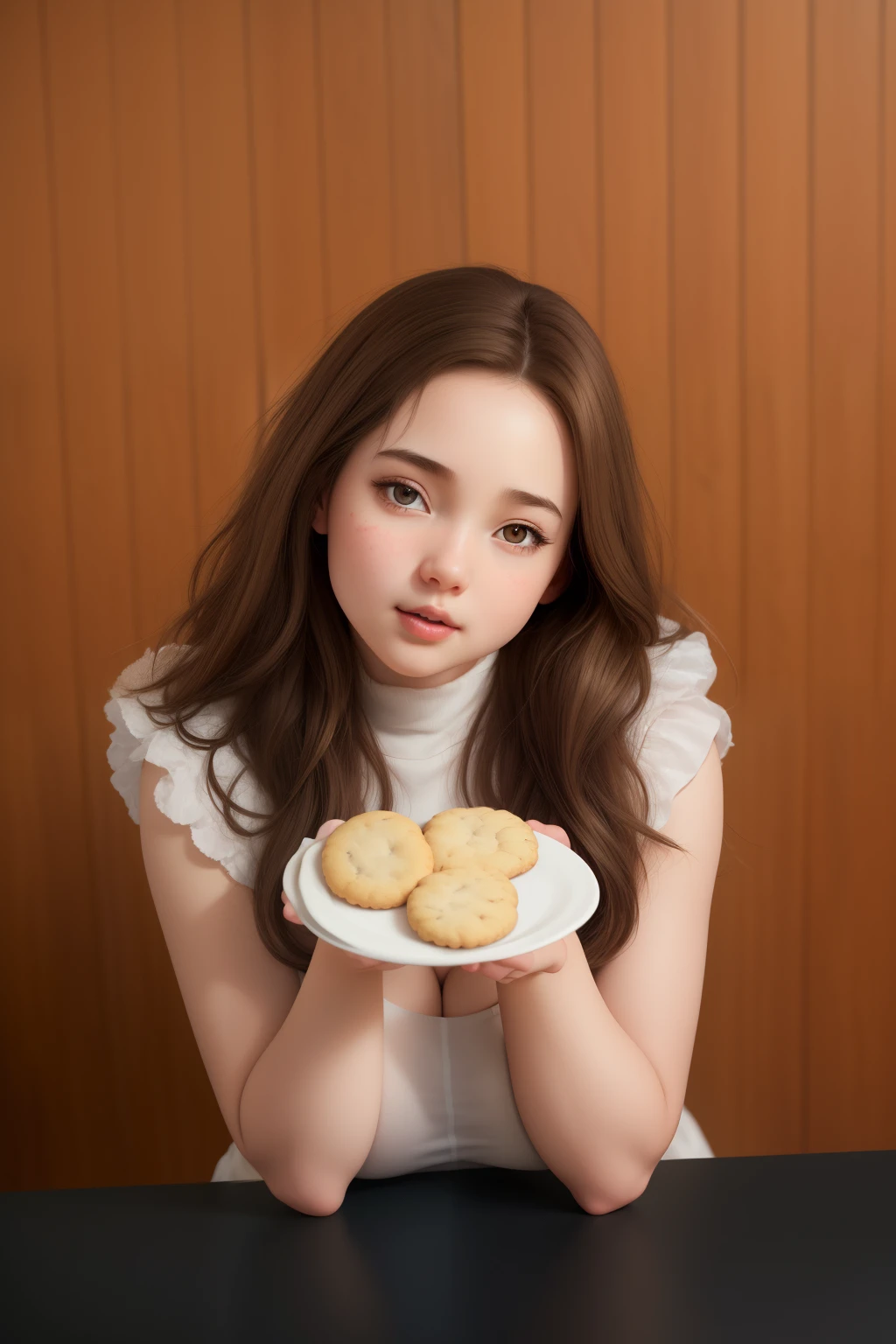 (best quality), big head, (1girl with gigantic breasts:1.3) Girl Brown Hair , White Pale Skin Tone , Showing Cookies, Holding Cookies on Plates In her Hand , Korean , Pretty Girl , UHD , 8K , Details Hand,hands Details  Realistic