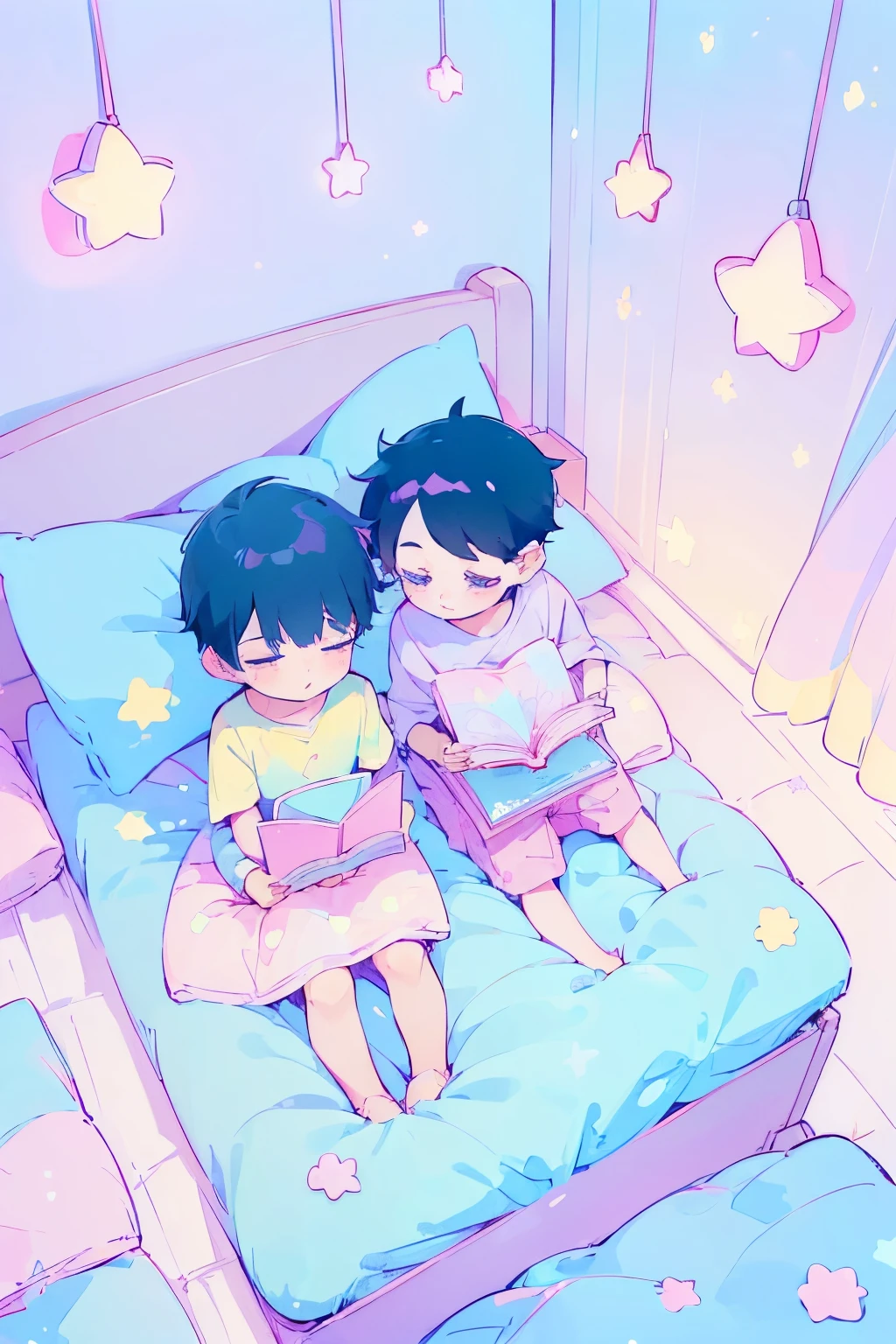 ((2 boys sitting on bed)), black hair,reading a book, bedroom, cute room,((pastel colors)),kawaiitech,cute colors,kawaii,stars are hanging above bed,bedtime stories,pillows,soft toys,bedcover,masterpiece,((ultra detailed)),flat coloring,cute flat colors,(((view from above)))