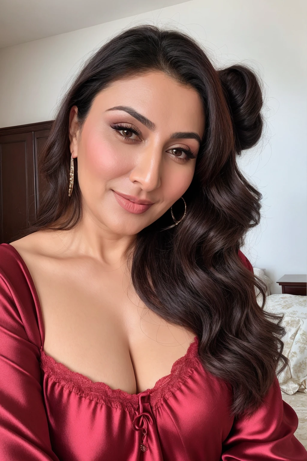Instagram photo, 45 years old girl named reema khan, wearing satin nightgown, closeup selfie taken on iphone 15, curvy, seductive face, bedroom, without makeup, hair bun, slight smile, sunlight, sunkissed