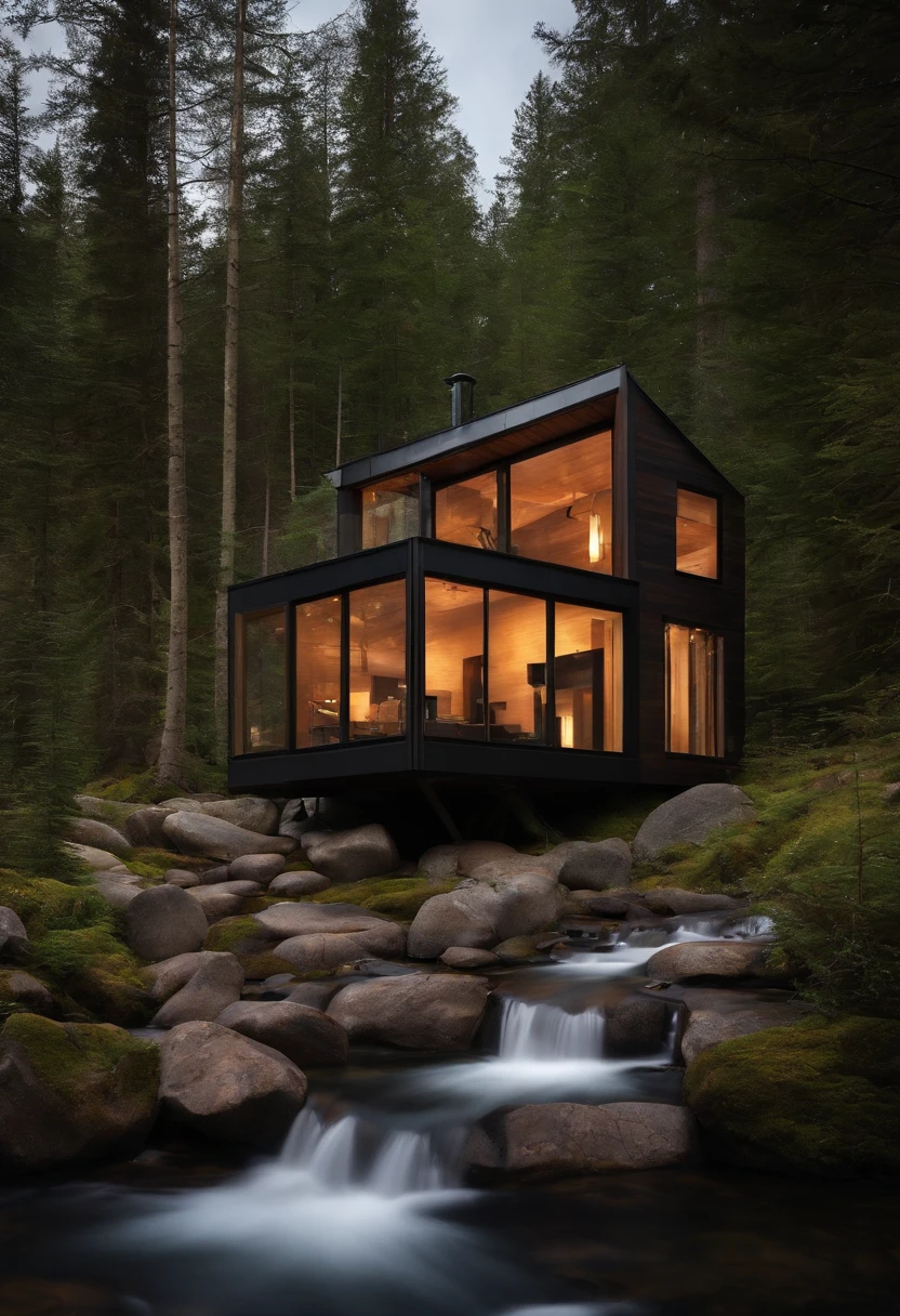 Exterior image of a tiny house duplex house in a Scandinavian nature, standing wood panel, avantgarde, panorama glass windows, forests, waterfall inside atrium, rocks, natural pond of water
