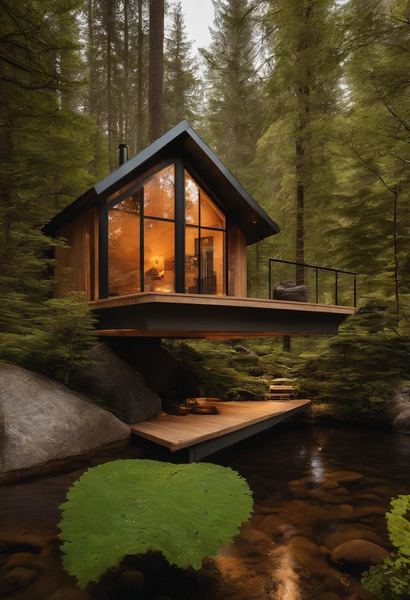 Exterior image of a tiny house duplex house in a Scandinavian nature, standing wood panel, avantgarde, panorama glass windows, forests, waterfall inside atrium, rocks, natural pond of water