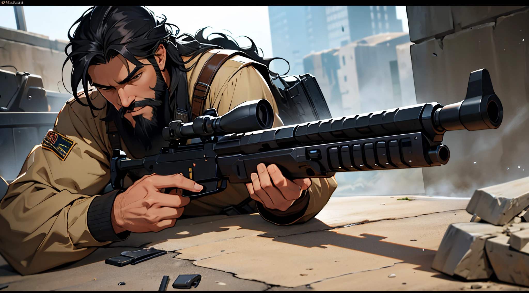 1 Man solo, he has a short black beard and he has black flowing hair. He has turned into an action figure with a rifle