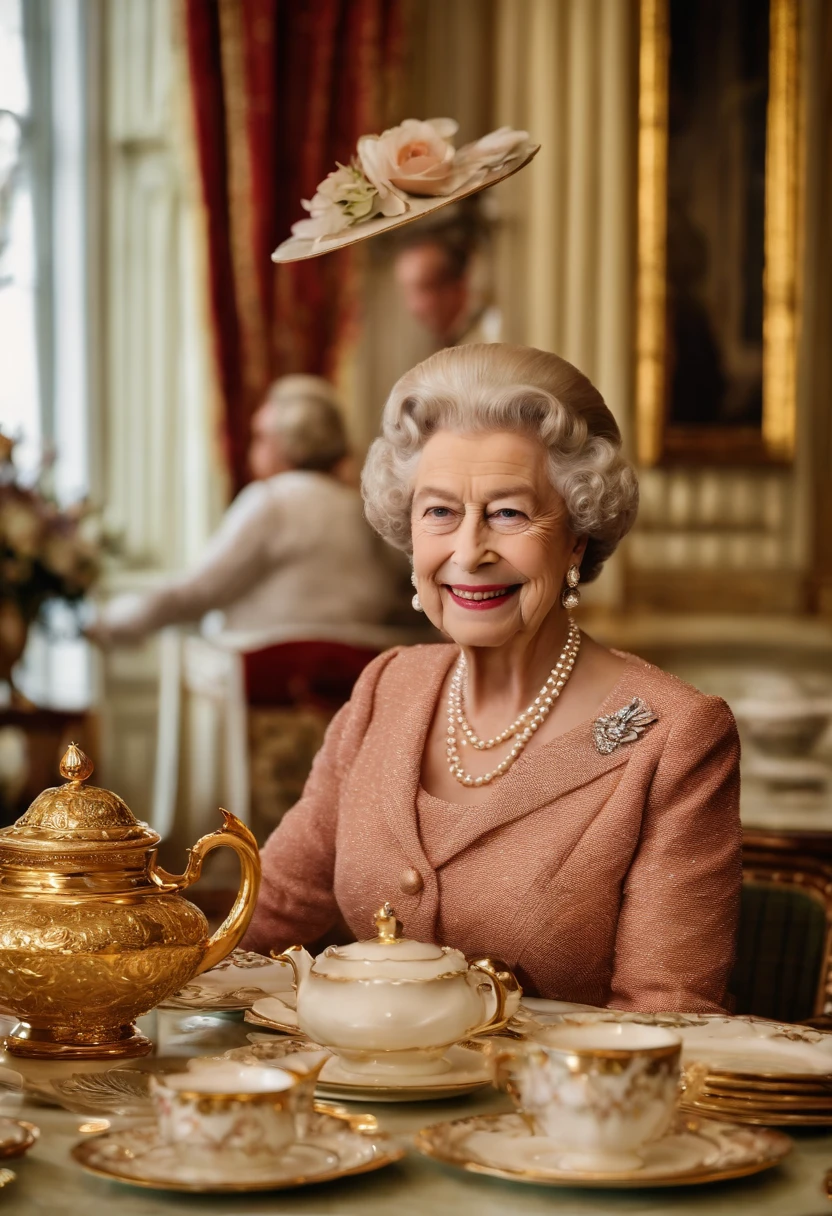 A photo of a lavish tea set with delicate china and pastries,Queen Elizabeth II,Queen Elizabeth II, known for her dignified and composed demeanor, typically appears in elegant, color-coordinated outfits, often accompanied by a matching hat and pearls, embodying the traditional and refined style befitting a monarch. Her appearance is marked by her signature hairstyle, kept consistent throughout her reign, and a warm, yet reserved smile that reflects her steady and composed nature.